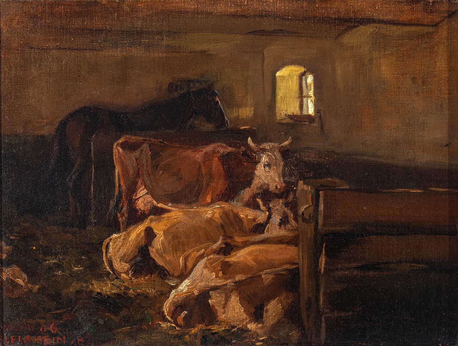 Irving Reuben Bacon (American, 1875-1962) Oil on Canvasboard, Ca. 1906, 'Barn Interior', H 11.5" W: Irving Reuben Bacon (American, 1875-1962) Oil on Canvasboard, Ca. 1906, 'Barn Interior', H 11.5" W 15" Signed and dated lower left with a location of 'Sleisheim' (likely Oberschleißheim, a 