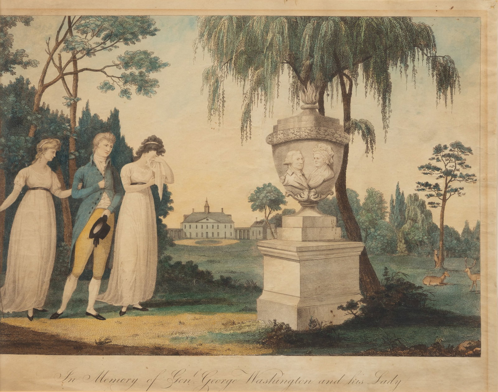 Edward Sachse (German-American, 1804-1873) Hand Colored Lithograph on Paper, Ca. Mid 19th C., 'In: Edward Sachse (German-American, 1804-1873) Hand Colored Lithograph on Paper, Ca. Mid 19th C., 'In Memory of General George Washington and His Lady', H 11" W 16" Titled in the lower margin. Three figur