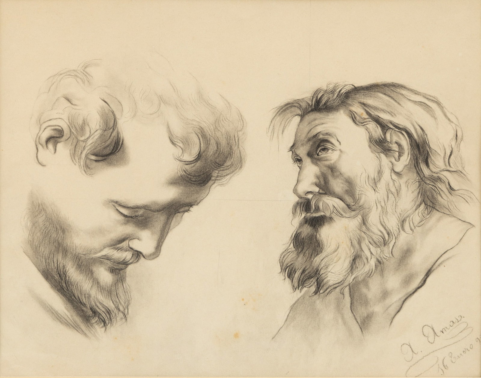 Spanish Charcoal Drawing on Paper, Ca. 1890s, 'Study of Two Male Heads', H 9" W 11.5": Spanish Charcoal Drawing on Paper, Ca. 1890s, 'Study of Two Male Heads', H 9" W 11.5" Signed and dated in Spanish lower right. Charcoal study of two male heads. Matted and framed under glass. Provenan