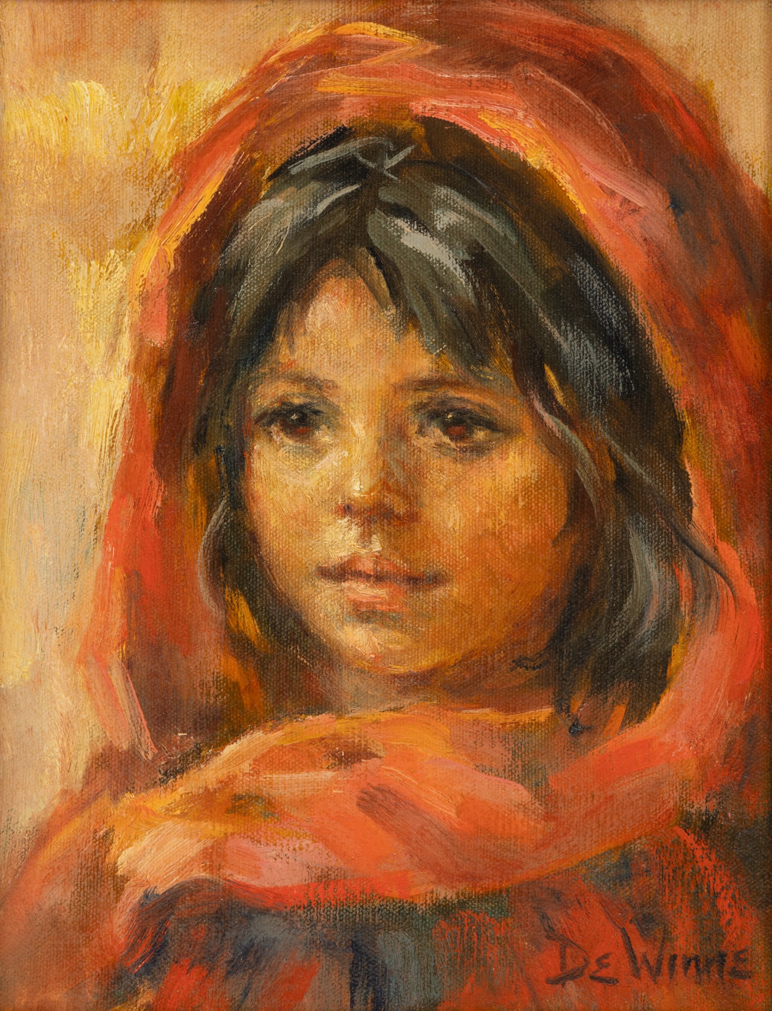 Lisette De Winne (Belgian/American) Oil on Canvas 'Girl in Red', H 12" W 9" (1 of 6)