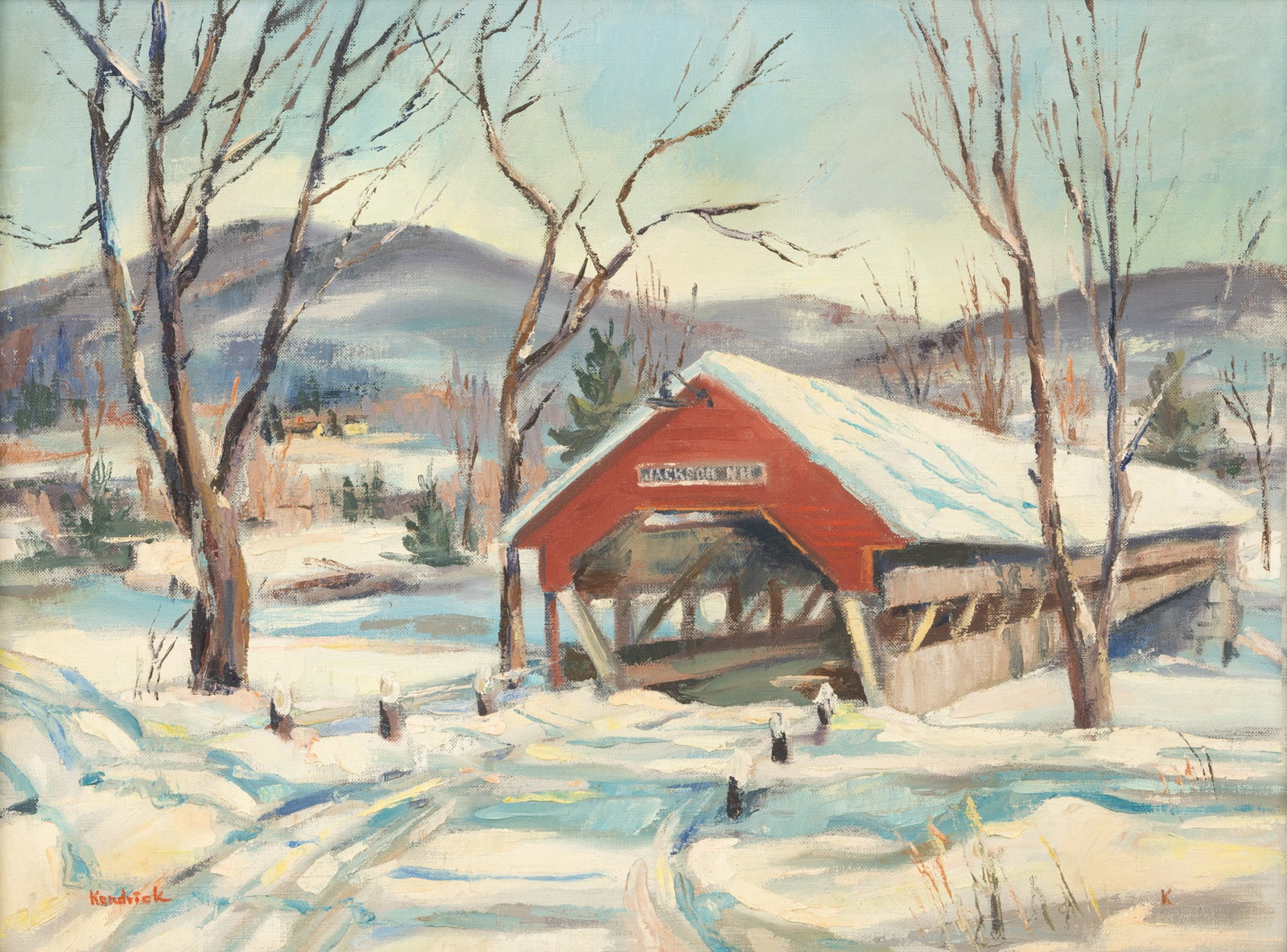Kendrick, Oil on Canvas, Ca. Mid 20th C., 'Honeymoon Covered Bridge, Jackson, New Hampshire', H 18" (1 of 4)