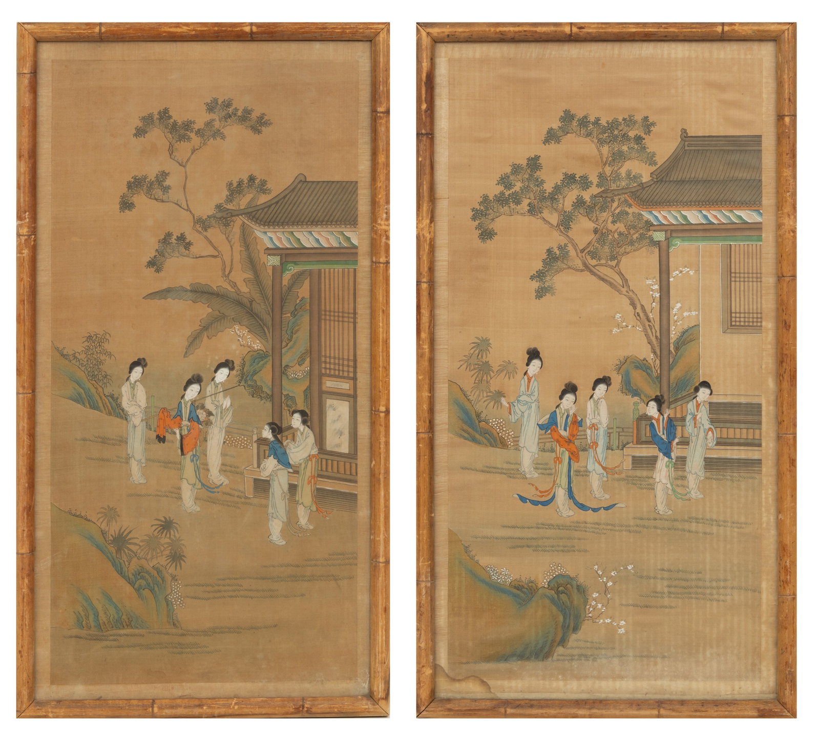 Pair of Chinese Watercolor and Gouache Paintings on Silk H 33.5'' W 18.25'' (1 of 7)
