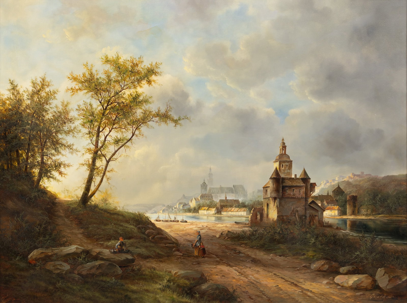 German Oil on Canvas, Signed Gunther, Ca. Late 20th C., 'Riverscape', H 29.5" W 39.5": German Oil on Canvas, Signed Gunther, Ca. Late 20th C., 'Riverscape', H 29.5" W 39.5" Signed lower right. Depicting a young mother and her children on a dirt road. Beside a calm river with what is lik
