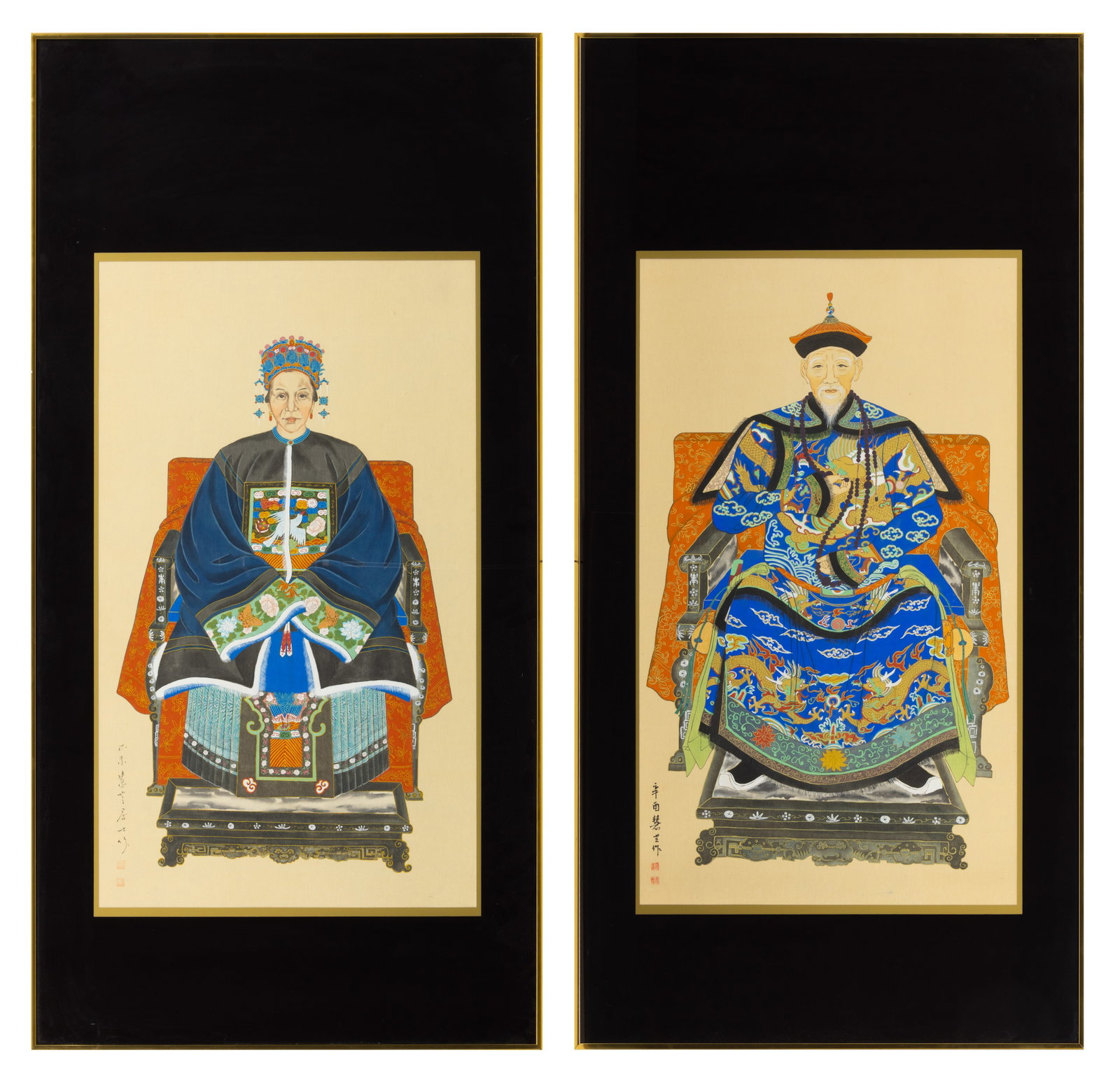 Chinese Republic Period Watercolor and Gouache on Silk Ancestral Portraits 1910-20, H 38" W 22" 1: Chinese Republic Period Watercolor and Gouache on Silk Ancestral Portraits 1910-20, H 38" W 22" 1 PAIR Depicting portraits of male and female nobles dressed in fine silks and seated. Provenance:
