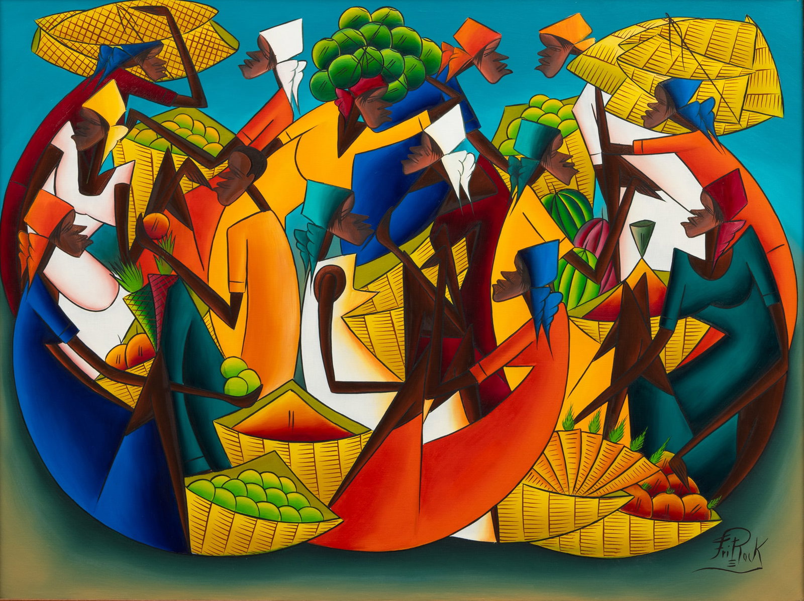 Fritz Rock (Haitian, 1944-1976) Oil on Canvas, Ca. 1960-1970, 'Haitian Market Vendors', H 24" W 32" (1 of 5)