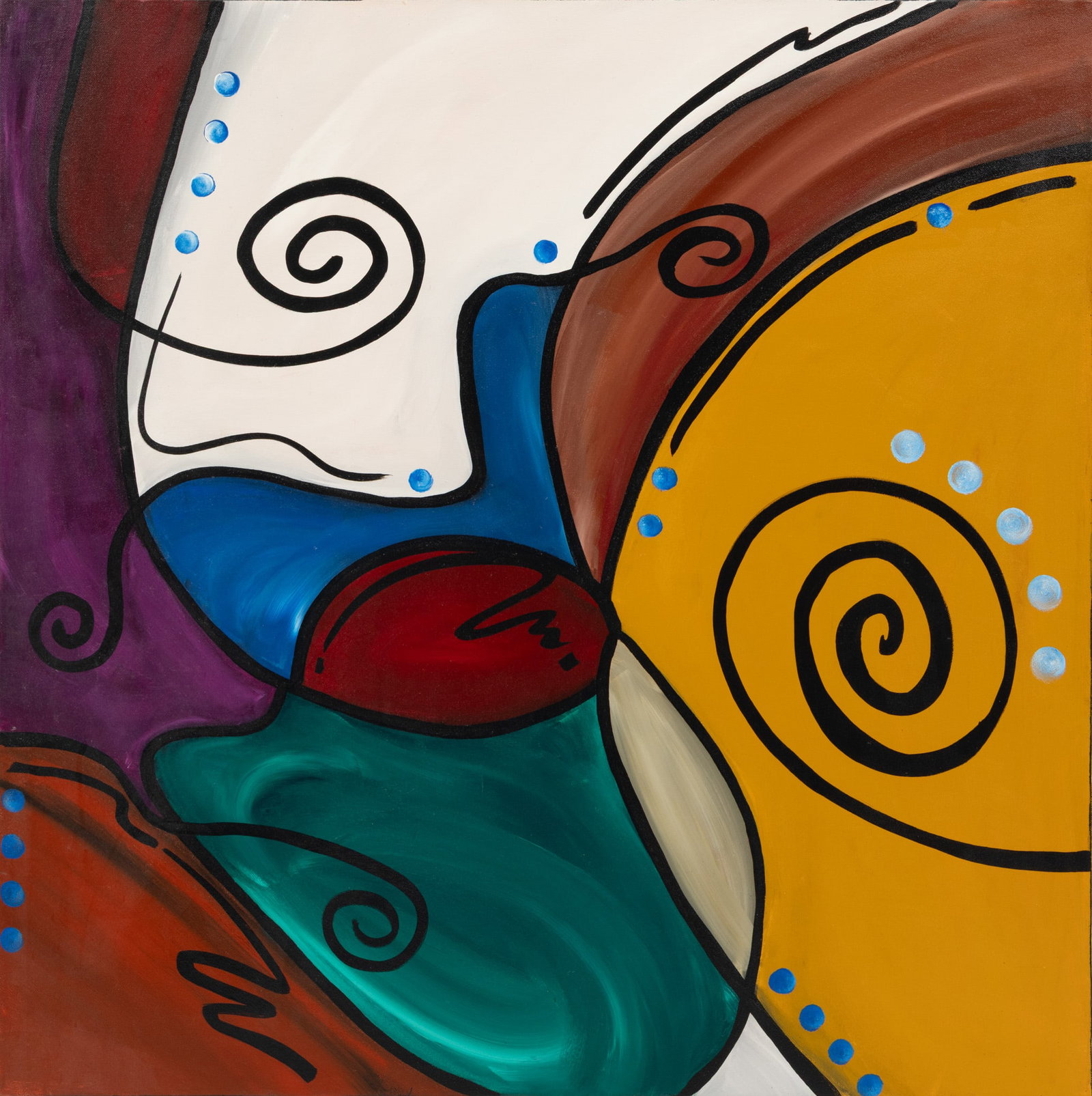 Gino Savarino (Argentinian-American, B. 1969) Acrylic on Canvas, 2005, 'A New Beginning', H 36" W: Gino Savarino (Argentinian-American, B. 1969) Acrylic on Canvas, 2005, 'A New Beginning', H 36" W 36" Signed, titled and dated canvas verso. Swirling abstract acrylic painting in bold colors. Stretche