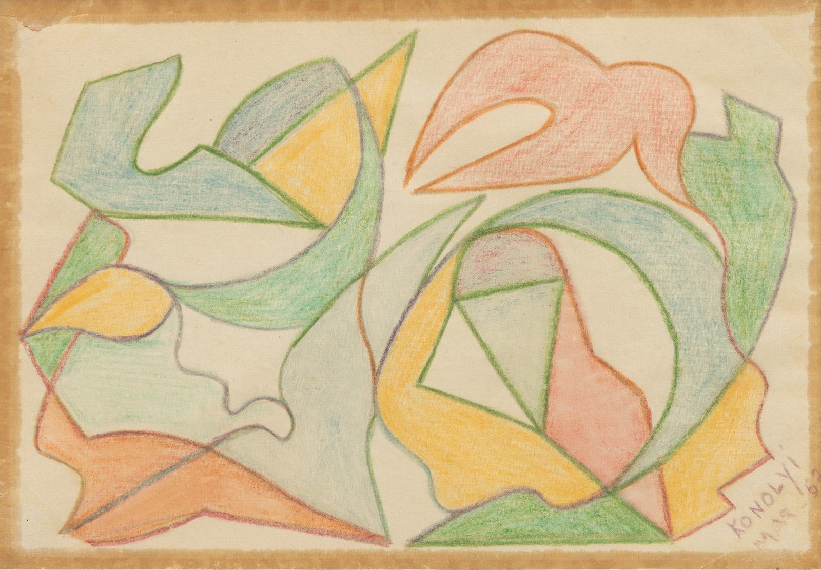 Manya Konolyi (American, 1883-1968) Colored Pencil on Paper, Ca. 1962, H 11.25" W 8": Manya Konolyi (American, 1883-1968) Colored Pencil on Paper, Ca. 1962, H 11.25" W 8" Signed and dated lower left. Depicting an abstract geometric composition in yellow, green, and red. Dimensions: H 1