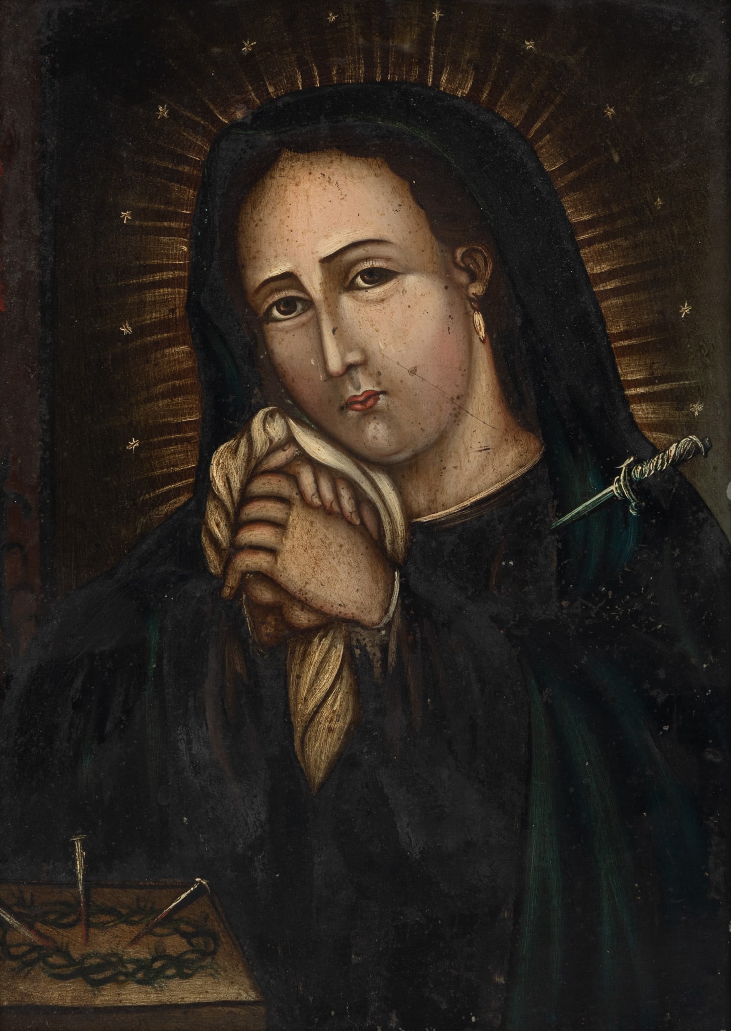 Mexican Oil on Tin Panel, Our Lady of Sorrows, Ca. Early 20th C., H 12.75" W 9" (1 of 3)