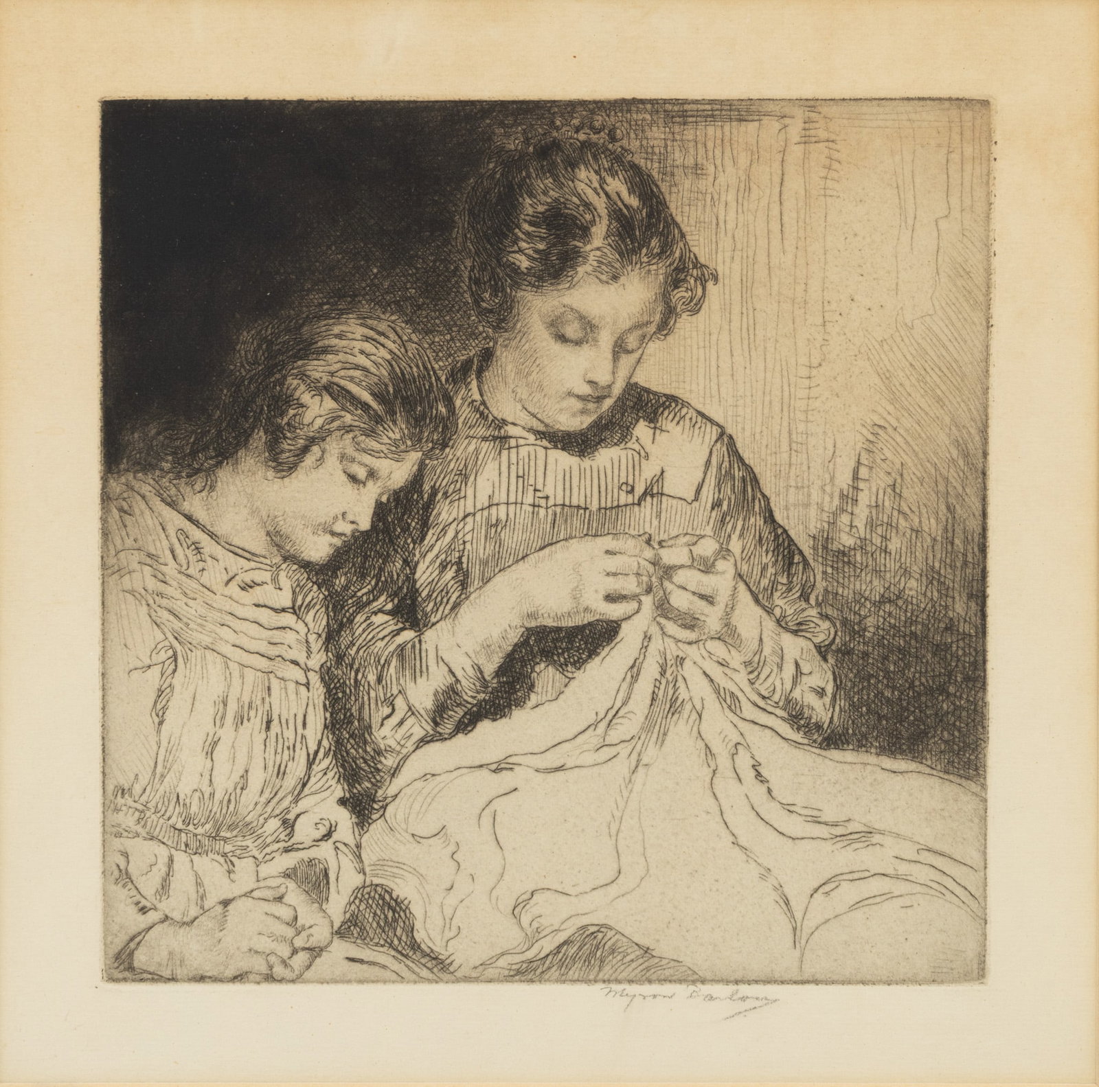 Myron Barlow (American, 1873-1937) Etching on Paper, Ca. Early 20th C., 'Mother and Daughter (1 of 4)
