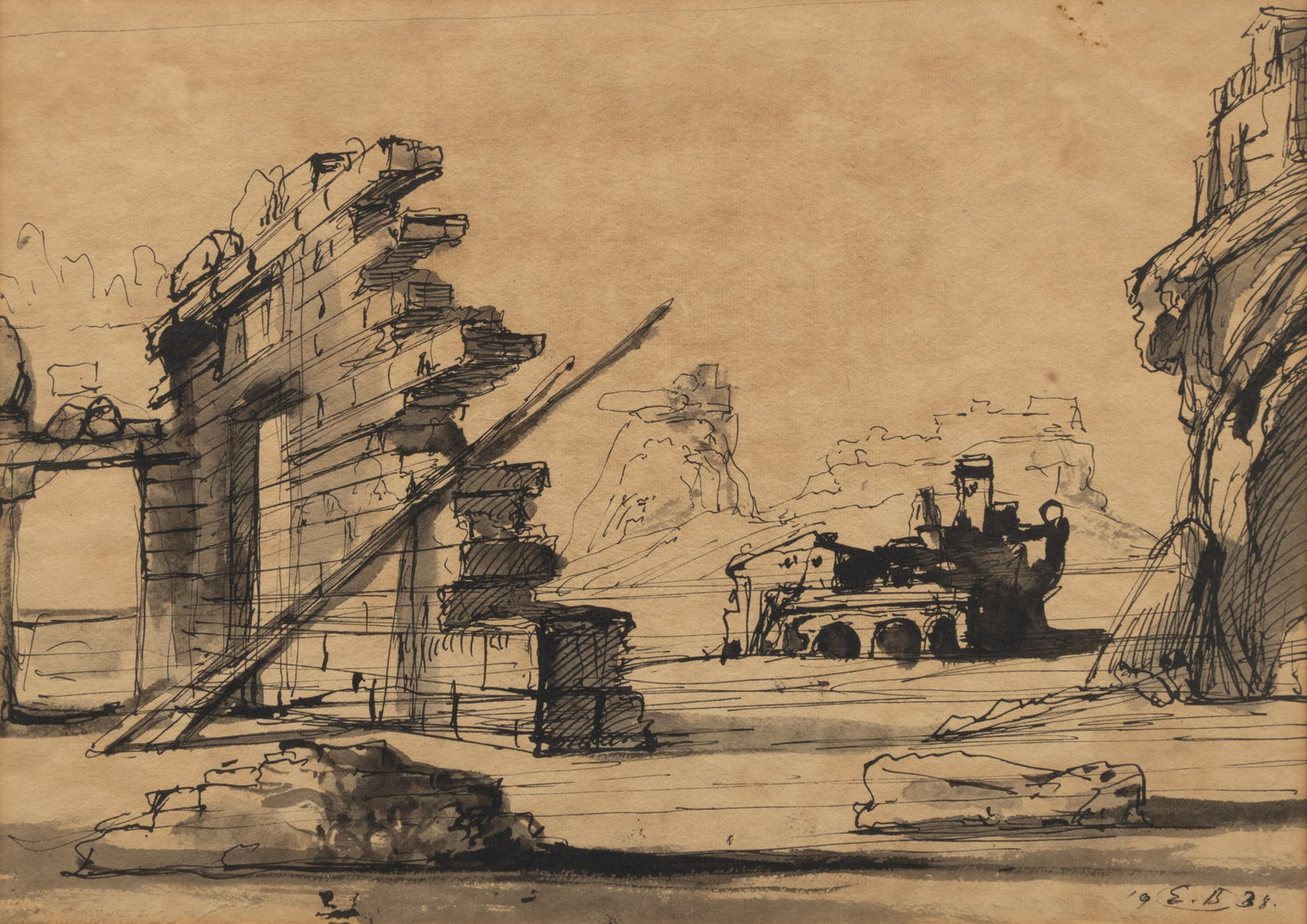 Eugene Gustavovitch Berman (Prussian, 1899-1972) Ink Drawing on Paper, Ca. 1938, 'Ruins': Eugene Gustavovitch Berman (Prussian, 1899-1972) Ink Drawing on Paper, Ca. 1938, 'Ruins' Signed and dated lower right. Depicting ruins. Provenance: From the Estate of Richard J. Bilaitis former Interi