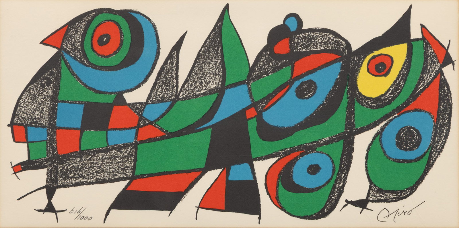 Joan Miro (Spanish, 1893-1893) Lithograph in Colors, 'Esultor Japan', H 7.75" W 15.75": Joan Miro (Spanish, 1893-1893) Lithograph in Colors, 'Esultor Japan', H 7.75" W 15.75" Floated under acrylic in a metal frame. Dimensions: H 7.75" W 15.75" Frame Size: H 13.75" W 21.75"