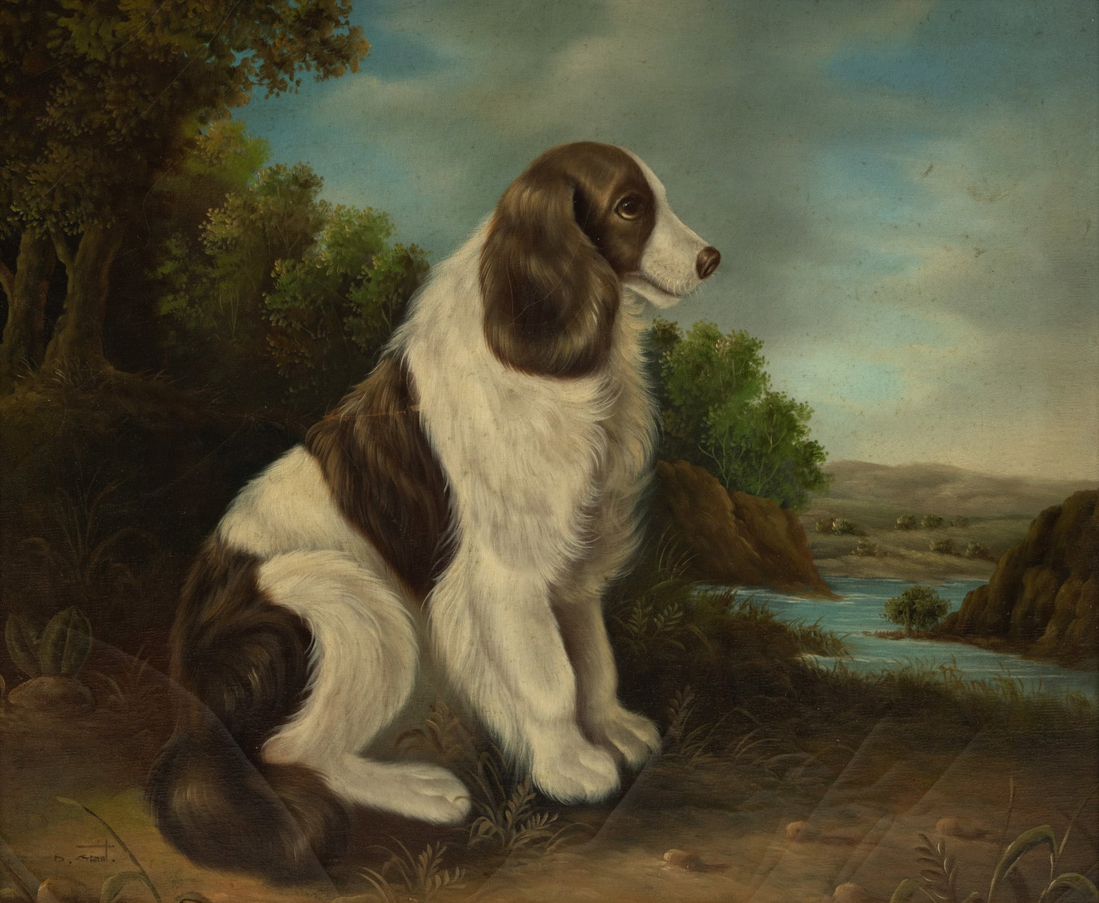 D. Grant, Oil on Canvas, Ca. 1980, 'Seated Spaniel', H 20" W 28": D. Grant, Oil on Canvas, Ca. 1980, 'Seated Spaniel', H 20" W 28" Signed lower left. Depicting a seated doe-eyed spaniel pup in a lush river landscape. Dimensions: H 20" W 28" Frame Size: H 29" W