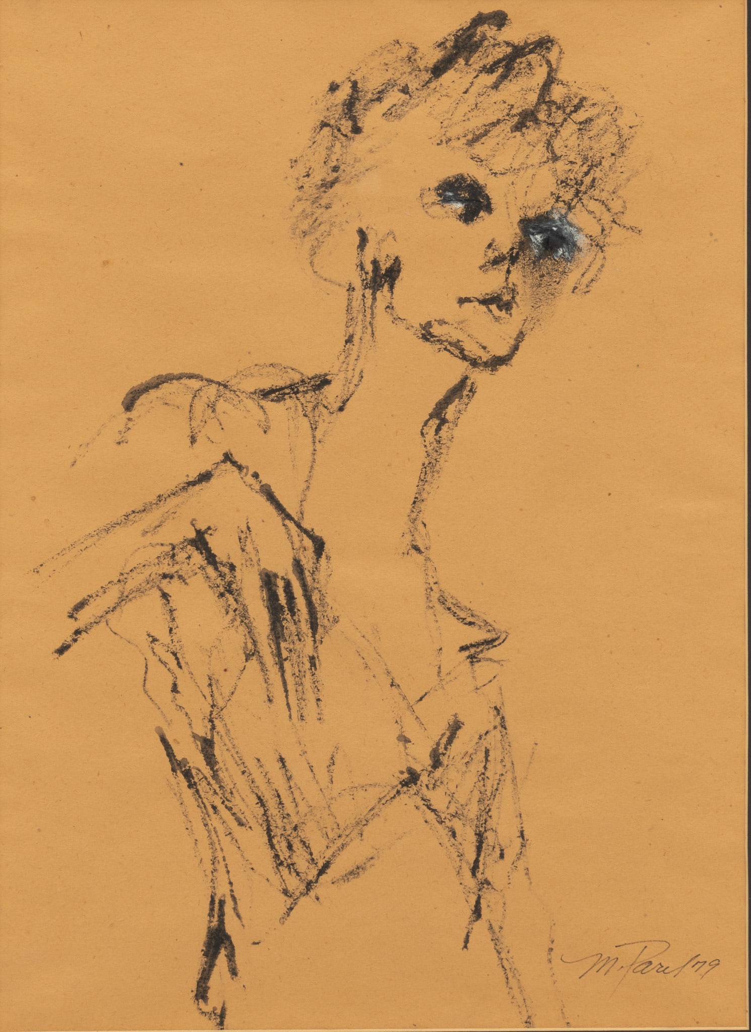 M. Parel Ink Drawing on Paper 1979, H 18" W 12.5": M. Parel Ink Drawing on Paper 1979, H 18" W 12.5" Signed lower right. A sketch depicting a stylized female figure. Dimensions: H 18" W 12.5" Frame Size: H 24.75" W 20.5"