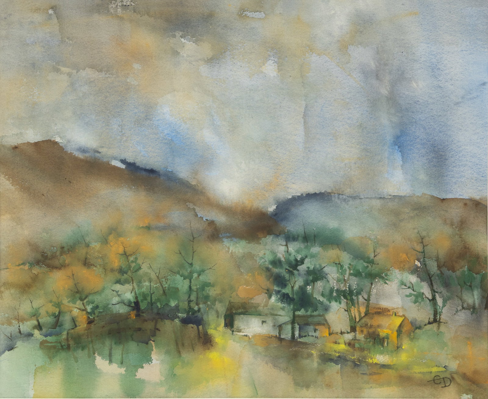 Bearing Signature E D (American) Watercolor on Paper, Ca. 1970-1980, 'Ohio Landscape', H 20" W 25": Bearing Signature E D (American) Watercolor on Paper, Ca. 1970-1980, 'Ohio Landscape', H 20" W 25" Rural landscape with hills. Initialed lower right "ED". Provenance: Property from the collectio