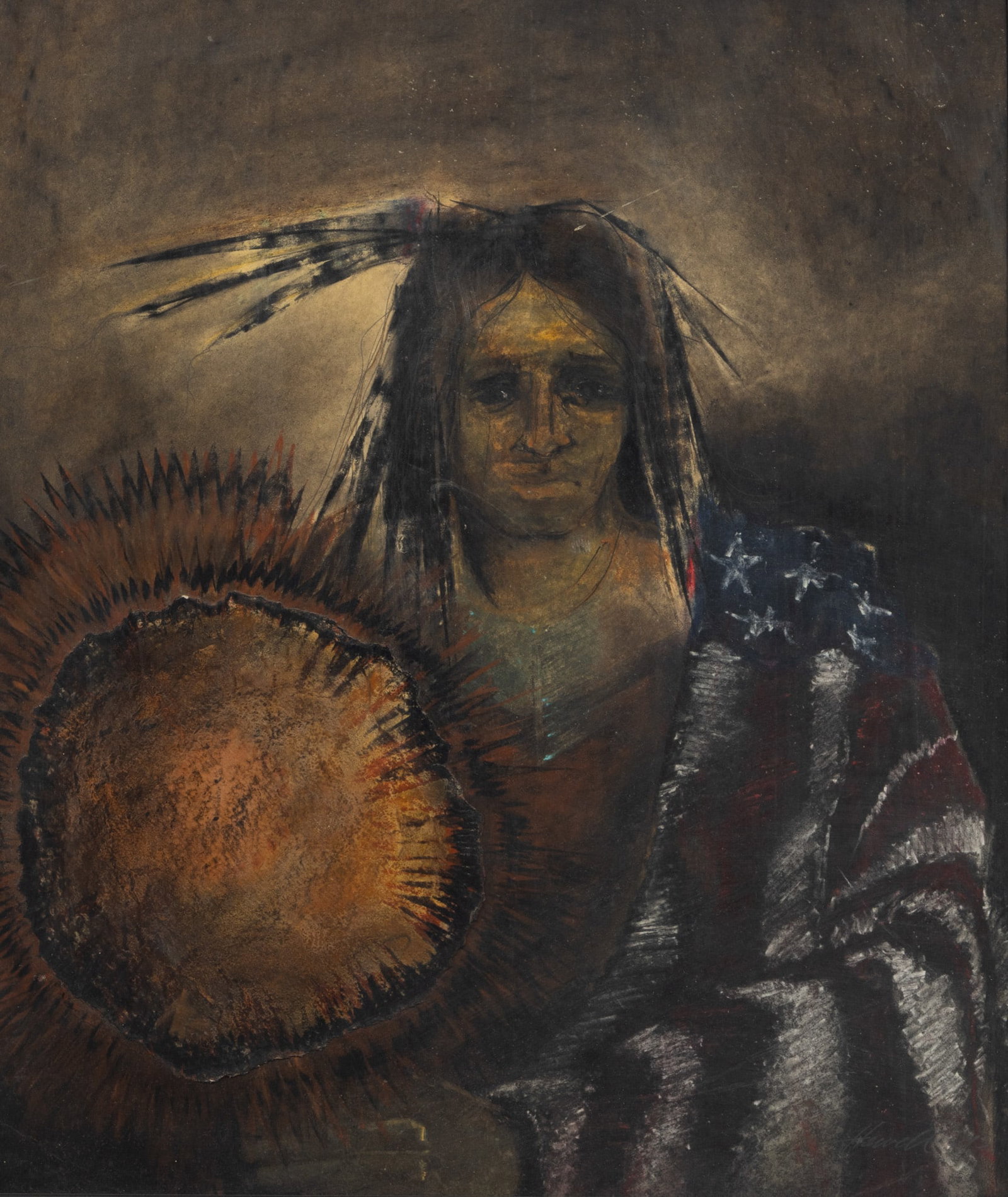 Frank Howell (American, 1937-1997) Lithograph in Colors on Paper with Collage, Portrait of a Native (1 of 5)