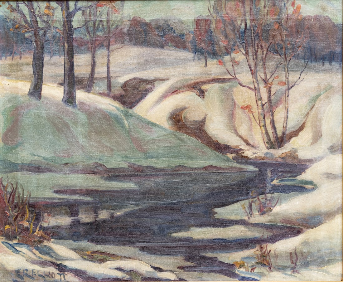 E. R. Elliot Oil on Canvas 'Winter River', H 28" W 24" (1 of 6)