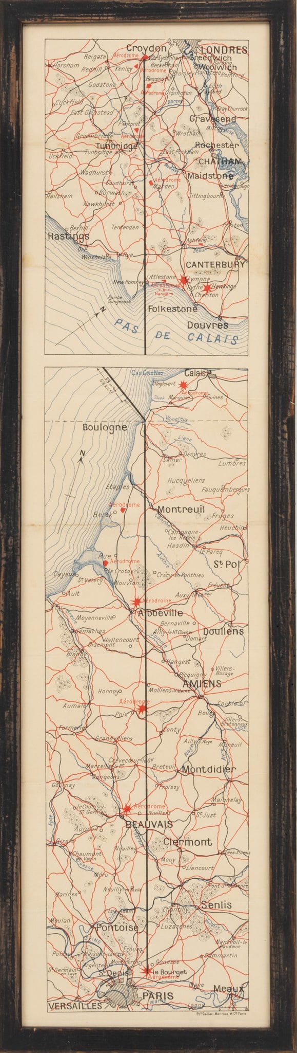 Gaillac-Monrocq Et Cie. , Ca. 20th C., 'Flying Map Paris to London', H 29.75" W 7.25": Gaillac-Monrocq Et Cie. , Ca. 20th C., 'Flying Map Paris to London', H 29.75" W 7.25" A vertical flying map from Paris to London. Published by Gaillac-Monrocq, Paris. Provenance: From the E