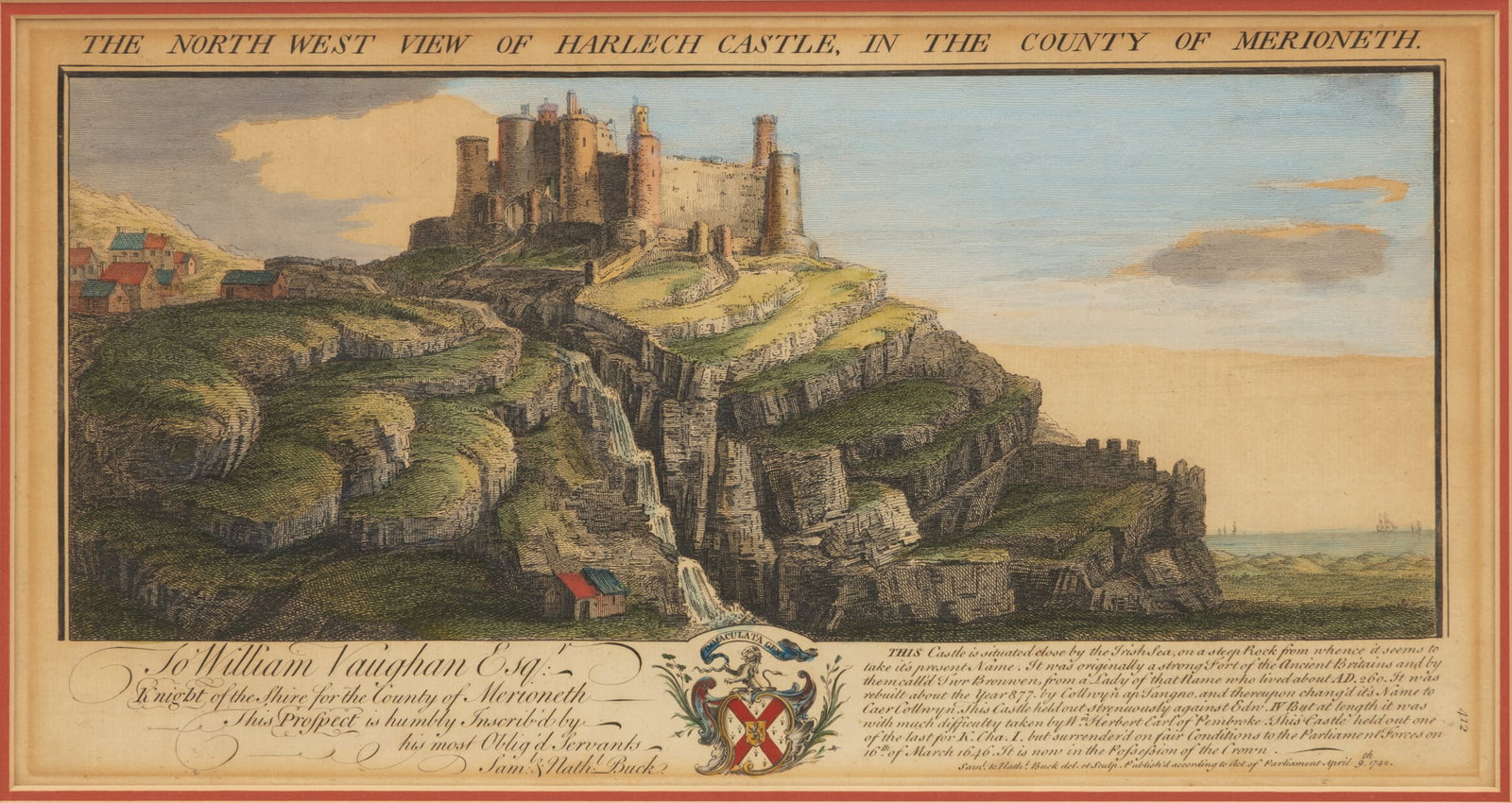 Samuel & Nathaniel Buck (English) Colored Engraving on Paper, Ca. 1742, 'The North West View of: Samuel & Nathaniel Buck (English) Colored Engraving on Paper, Ca. 1742, 'The North West View of Harlech Castle', H 7.75" W 14.5" A Welsh landscape depicting the view of Harlech castle situated on a la