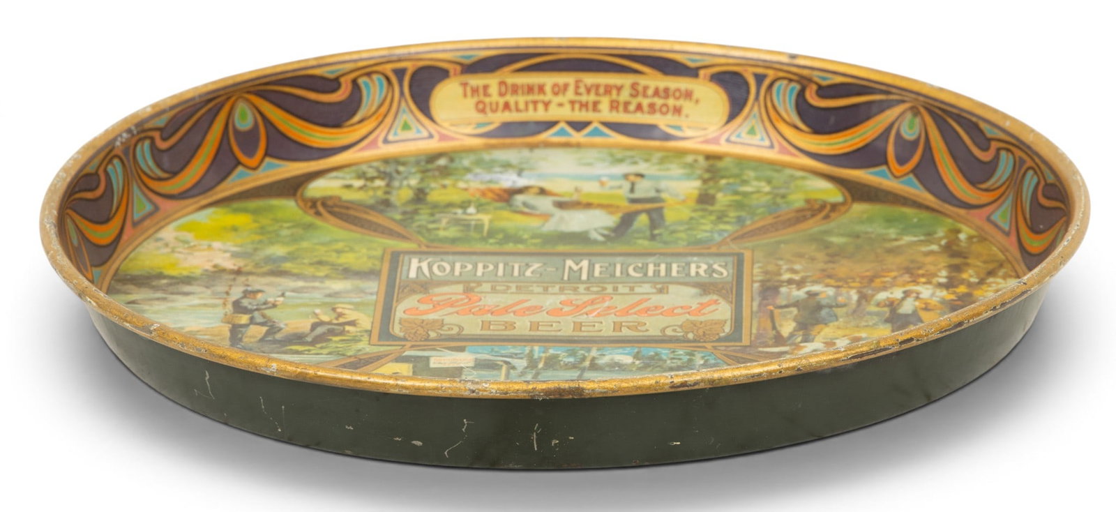 Koppitz-Melchers Tin Serving Tray, Ca. Early 20th, 'The Drink of Every Season', Dia. 12": Koppitz-Melchers Tin Serving Tray, Ca. Early 20th, 'The Drink of Every Season', Dia. 12" Featuring four seasonal beer-themed scenes. Provenance: Property from a prominent Detroit, MI collector o