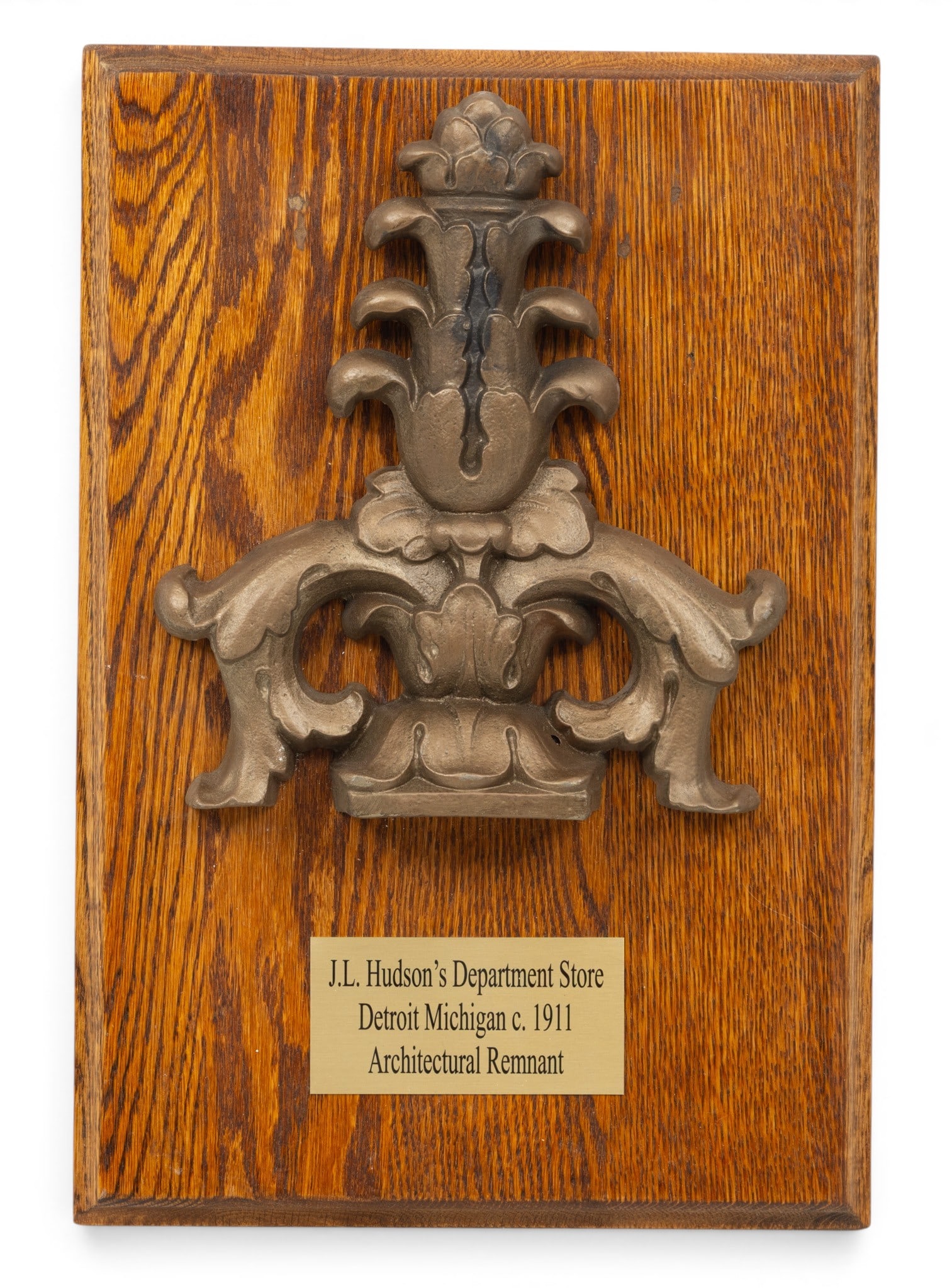 Cast Iron Cast Iron Floral & Leaf Designed Architectual Ornament, from the J.L. Hudson's Department: Cast Iron Cast Iron Floral & Leaf Designed Architectual Ornament, from the J.L. Hudson's Department Store, Detroit 1 pc x H 9.25" W 8" Frame Size: H 18" W 10" Provenance: Property from a prominent Det