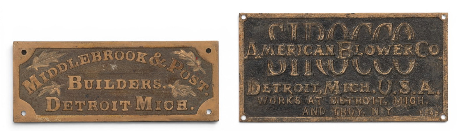 Detroit Bronze Builders Plates 2 PCS: Detroit Bronze Builders Plates 2 PCS Middlebrook & Post (1884). and American Blower Co. (1881.) Provenance: Property from a prominent Detroit, MI collector of architectural items of historical sig