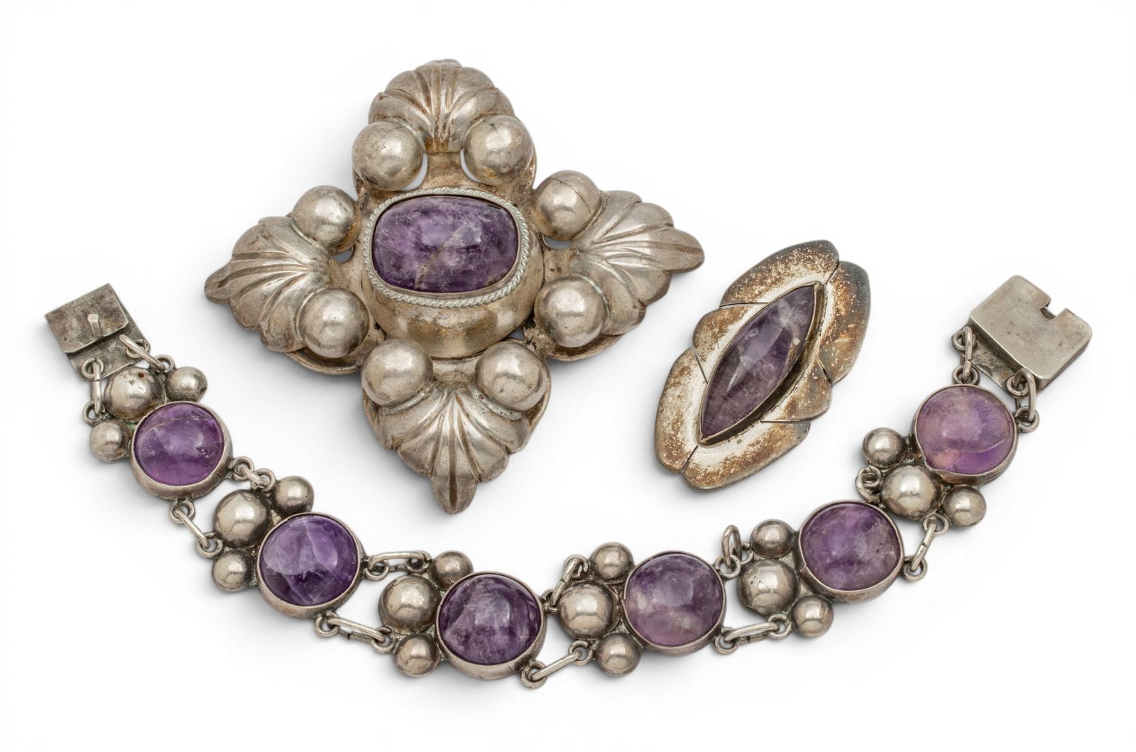 Mexico Silver and Amethyst Quartz Bracelet and Brooches 1950, L 7.5" 97 grams 3 PCS (1 of 4)