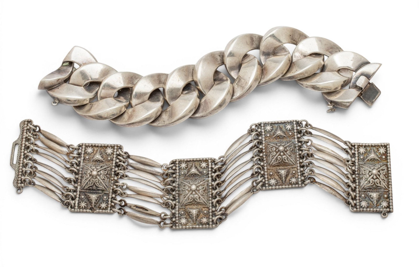 Mexico Sterling Silver Link Bracelets 1950, L 6.5" 141 grams 2 PCS (1 of 3)