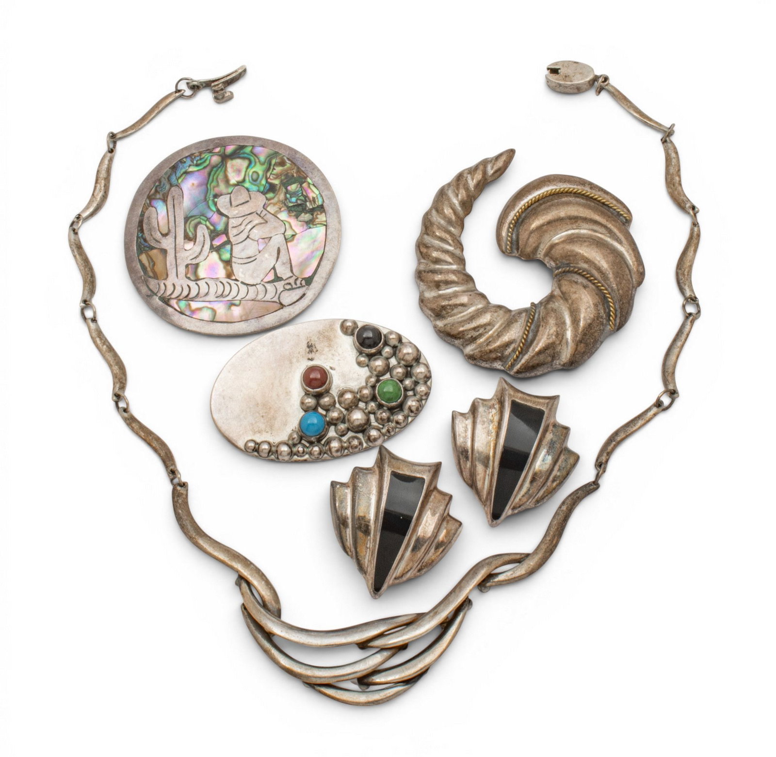 Taxco Mexico Sterling Silver Necklace, Brooches (3) & Earrings (1pr) L 16" 117 grams 6 PCS (1 of 5)