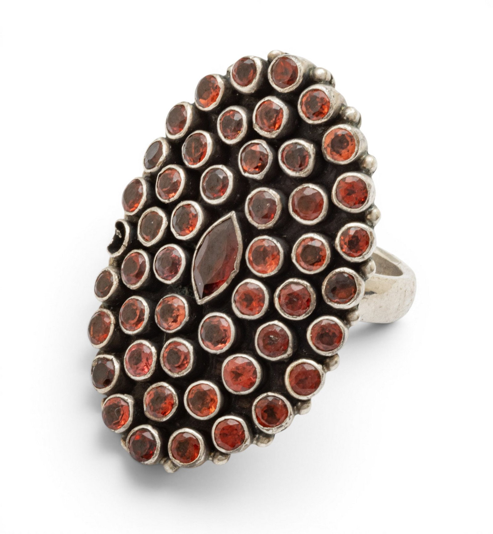 Garnet and Silver Multi Stone Ring, Size 8 L 1.6" 21 grams 1 PC: Garnet and Silver Multi Stone Ring, Size 8 L 1.6" 21 grams 1 PC Approximately 50 bezel set garnets. Provenance: Property from the estate collection of June Pertner, jewelry and decorative a