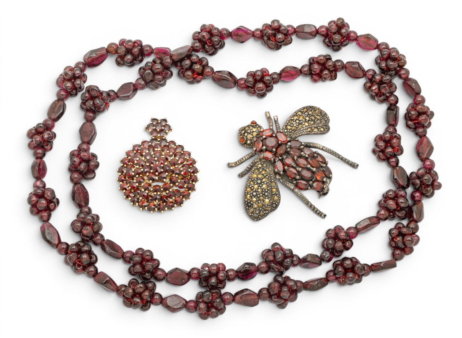 Garnet Brooches (2): Circle and Beetle Form & Garnet Necklace 1900, H 1.5" L 24" 82 grams 3 PCS (1 of 5)