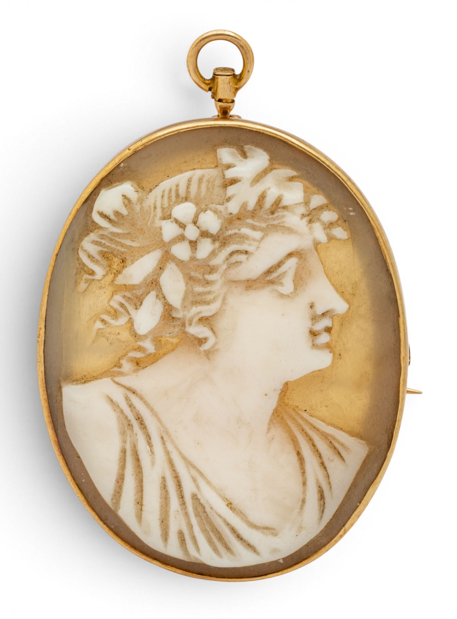10k Yellow Gold Convertible Cameo Brooch or Pendant 1900, H 1.6" 5.9 grams (1 of 8)