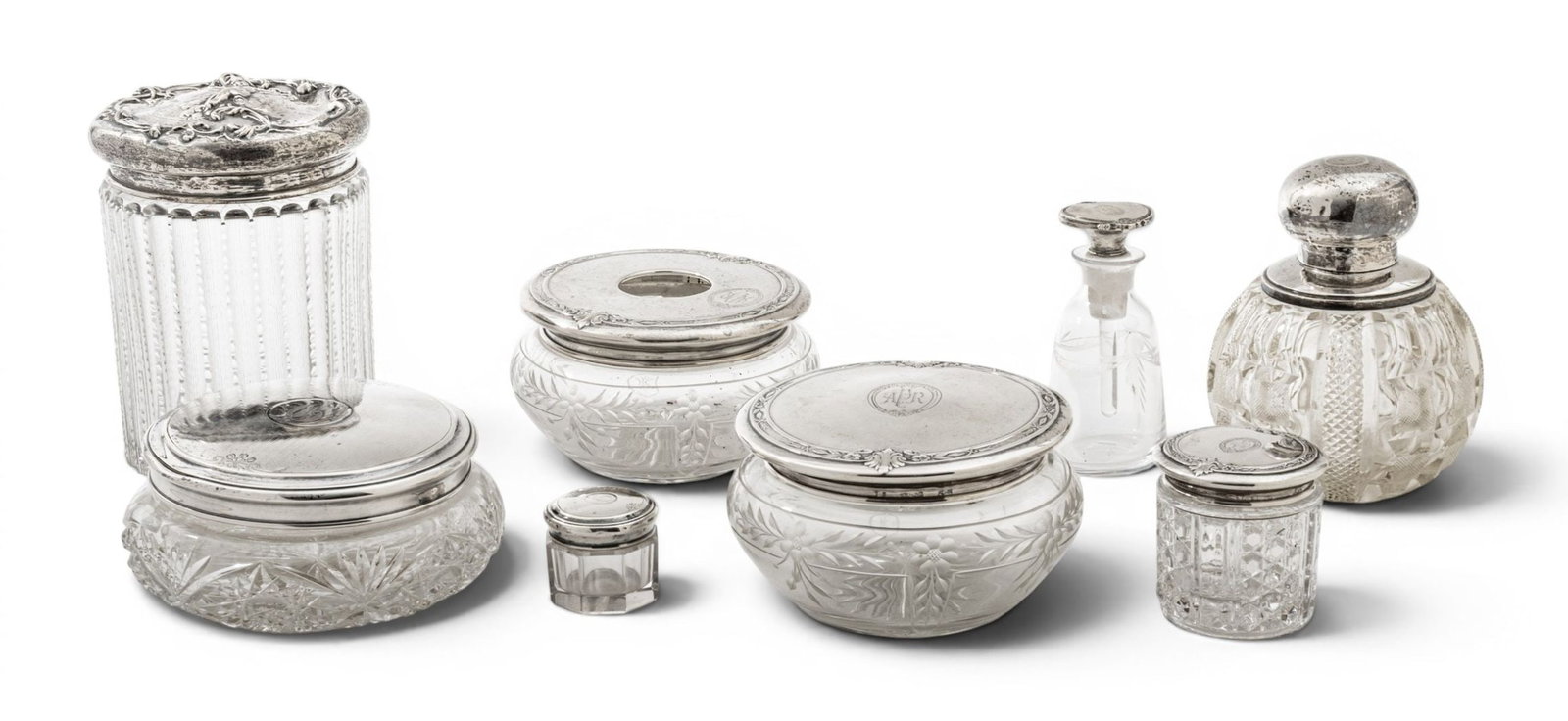 Cut Glass and Sterling Silver Vanity Jars, Ca. Early 20th C., 8 PCS (1 of 6)