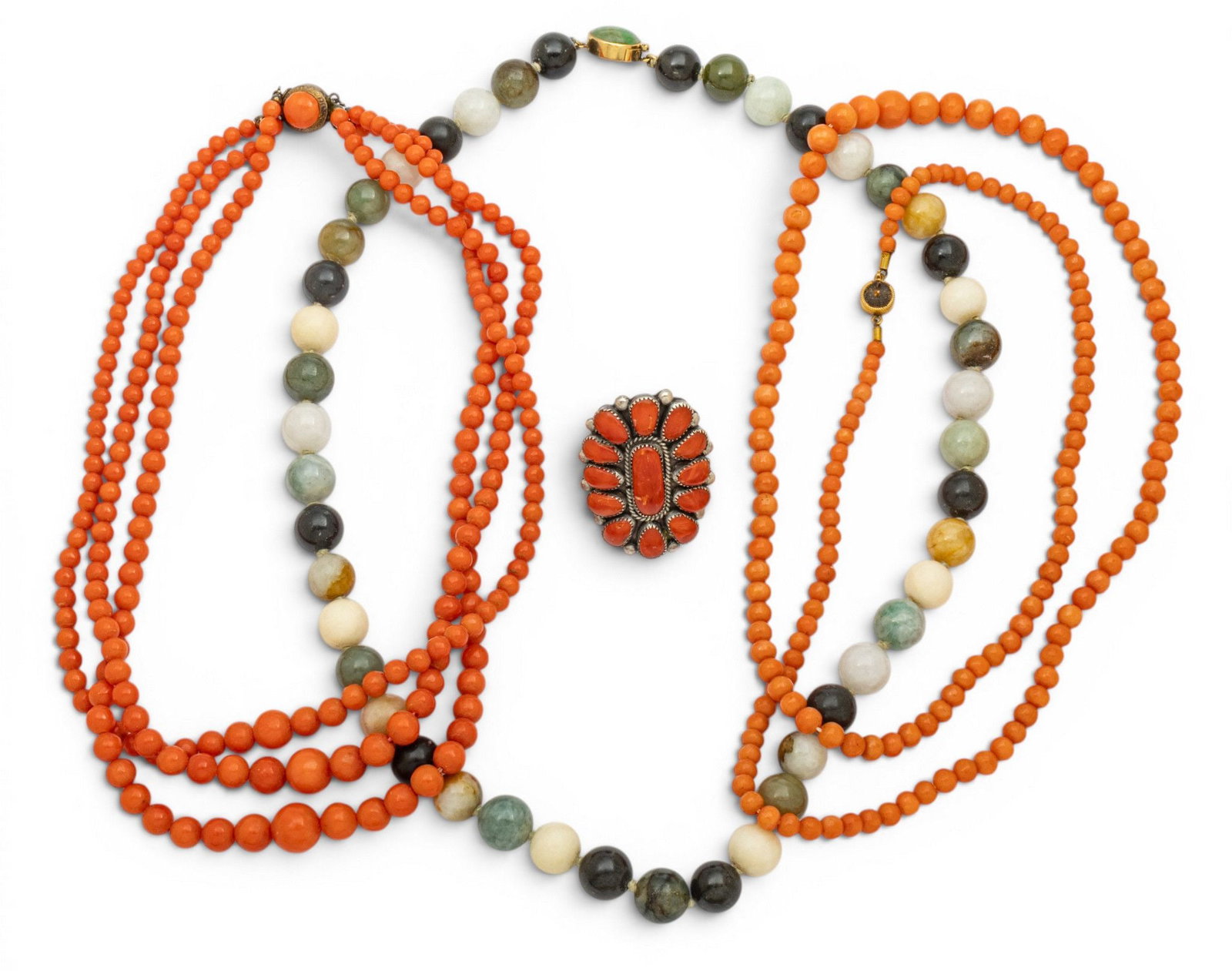 Coral Bead Necklaces (2) and Ring (1) + One Other Beads 148 grams 3 PCS: Coral Bead Necklaces (2) and Ring (1) + One Other Beads 148 grams 3 PCS One three strand coral necklace with graduated size beads 15". One coral bead necklace 27" single strand. Together they weigh 71