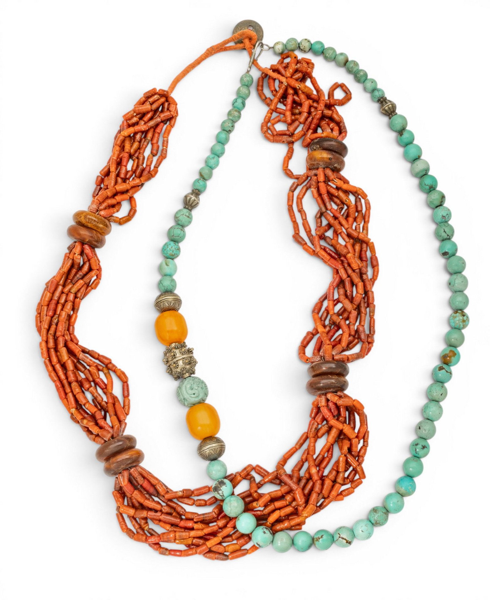 Turquoise and Coral Bead Necklaces, 28", 29" 1900, 362 grams 2 PCS: Turquoise and Coral Bead Necklaces, 28", 29" 1900, 362 grams 2 PCS Green turquoise beads in graduated sizes 133 grams together with amber and silver spacers, 29". Also 10 strand coral tube necklace 28