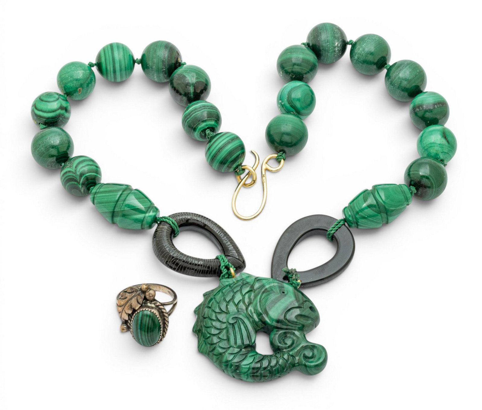 Malachite Bead Necklace, Fish Pendant + Ring 1960, L 18" 209 grams 1 PC (1 of 5)