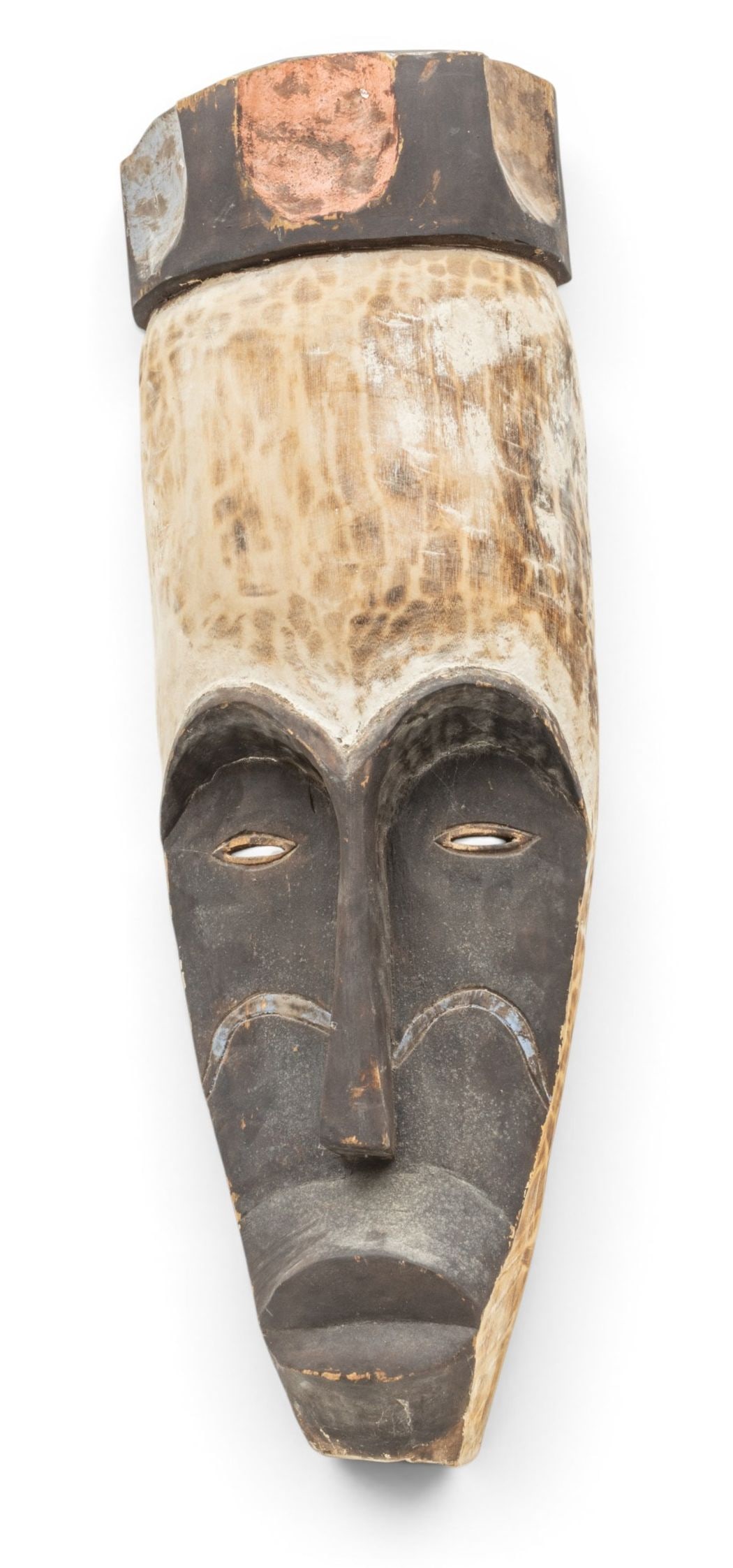 Fang Style Polychrome Carved Wood Sculptural Mask, H 37" W 12.5" Depth 6": Fang Style Polychrome Carved Wood Sculptural Mask, H 37" W 12.5" Depth 6" Elongated face with scarification marks. Black, white, red and blue patination. Provenance: From the Collection of Frech F. Su