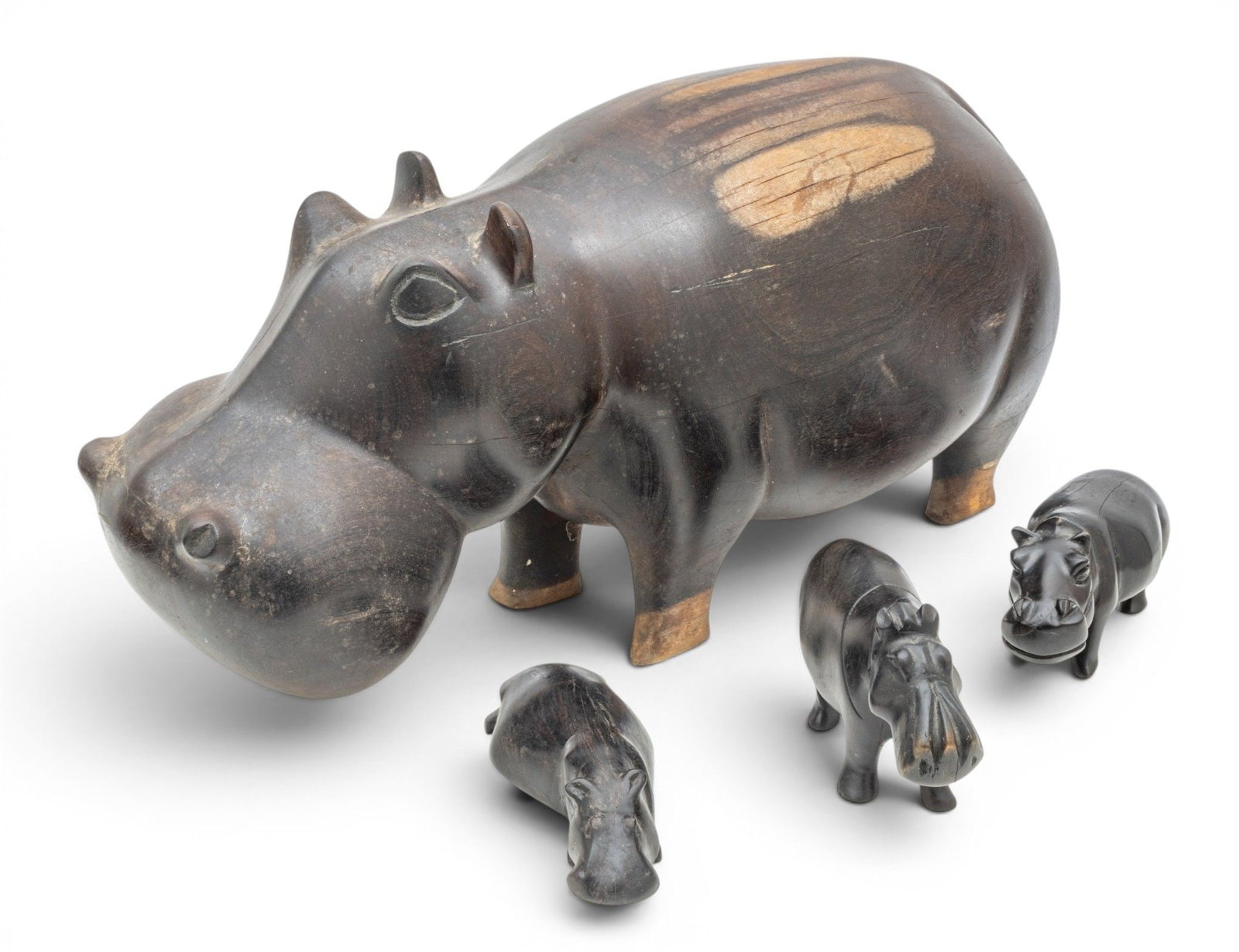 African Carved Wood Hippopotami Sculptures, 4 PCS (1 of 7)