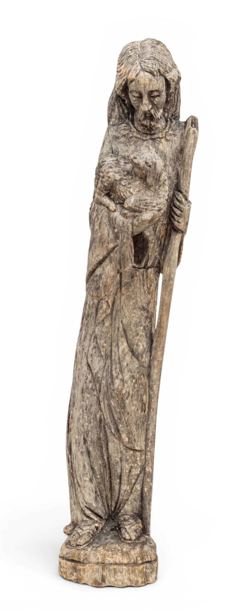 Hand Carved Wood Sculpture of Jesus the Good Shepherd, H 28" W 5" Depth 5.5" (1 of 8)