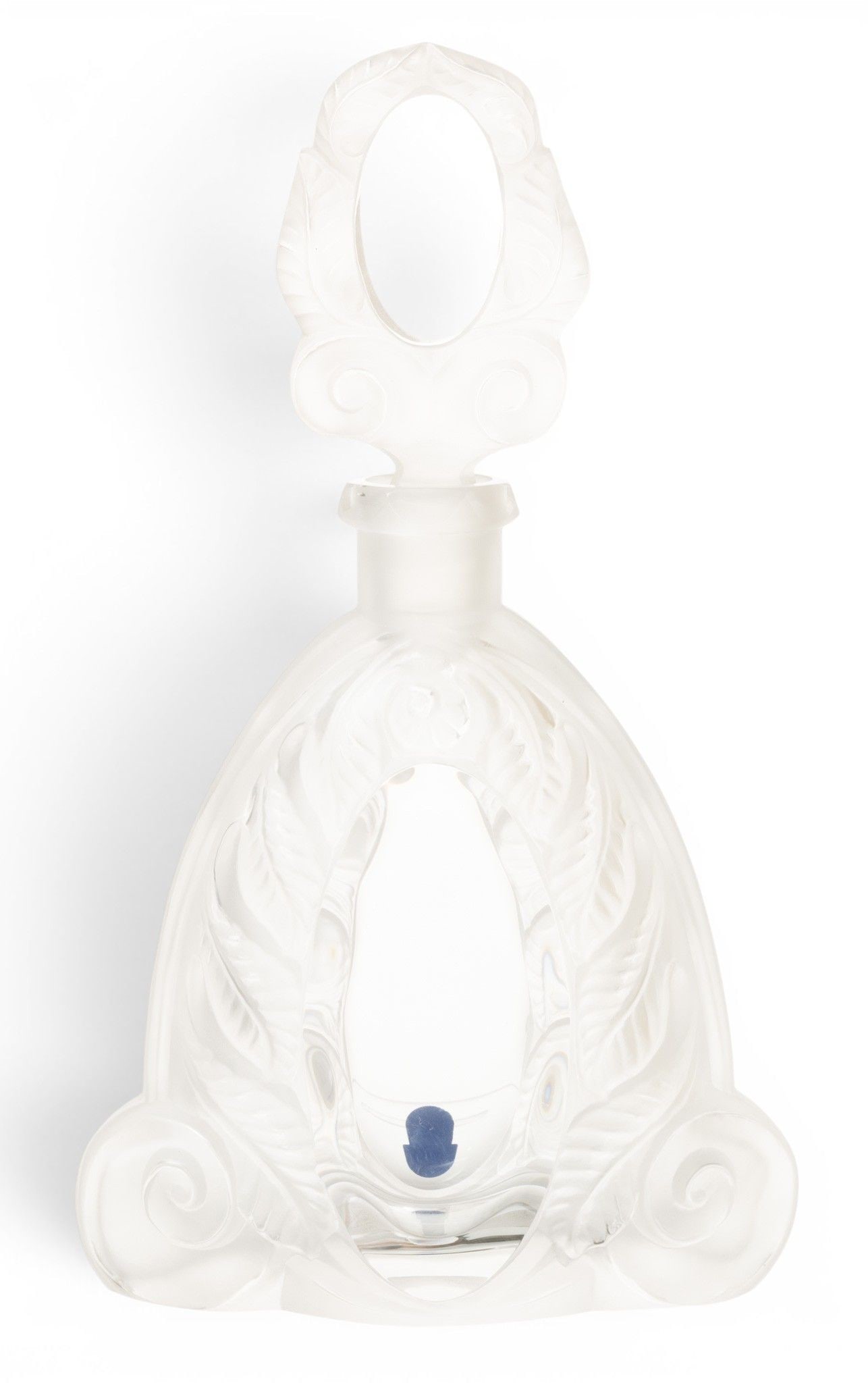 F. Halama Zelezny Brod 55 Bohemia Art Deco Style Frosted Glass Carafe 21st C., H 11.5" W 6.75" Depth: F. Halama Zelezny Brod 55 Bohemia Art Deco Style Frosted Glass Carafe 21st C., H 11.5" W 6.75" Depth 3" Frosted glass bas relief design of ferns adorn base and stopper. Applied label. Provenance