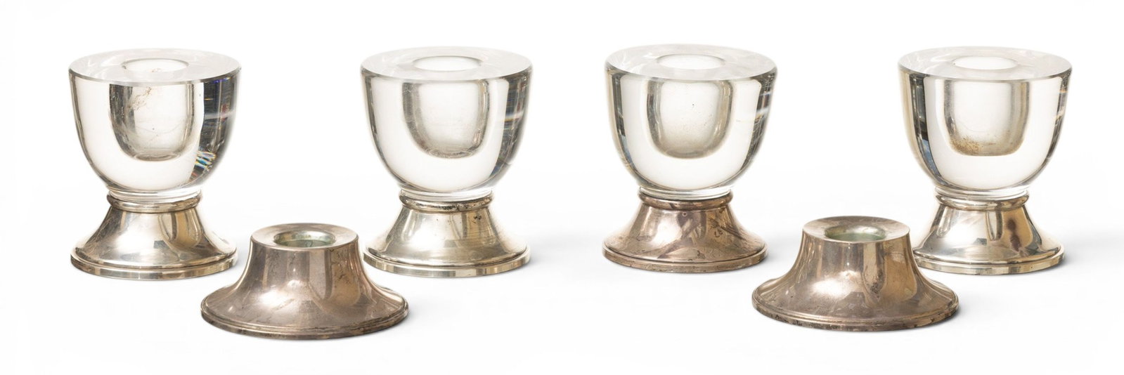 Frank M. Whiting & Co. Sterling Silver and Glass Candle Holders 6 PCS: Frank M. Whiting & Co. Sterling Silver and Glass Candle Holders 6 PCS (1.) A group of four glass candleholders with sterling silver bases. Marked sterling by Frank M. Whiting & Company. (2.) A pai