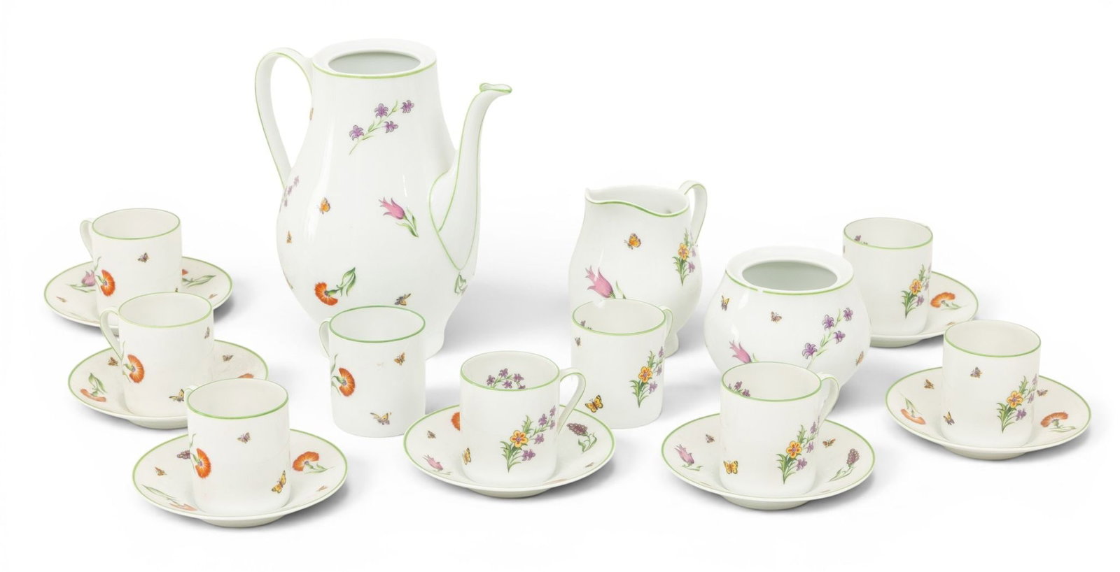 Tiffany & Co. (New York) 'Tiffany Garden' Pattern Porcelain Partial Demitasse Coffee Service, Ca.: Tiffany & Co. (New York) 'Tiffany Garden' Pattern Porcelain Partial Demitasse Coffee Service, Ca. 1995, 18 PCS Made in Limoges, France for Tiffany & Company. Decorated with flower blossoms and but