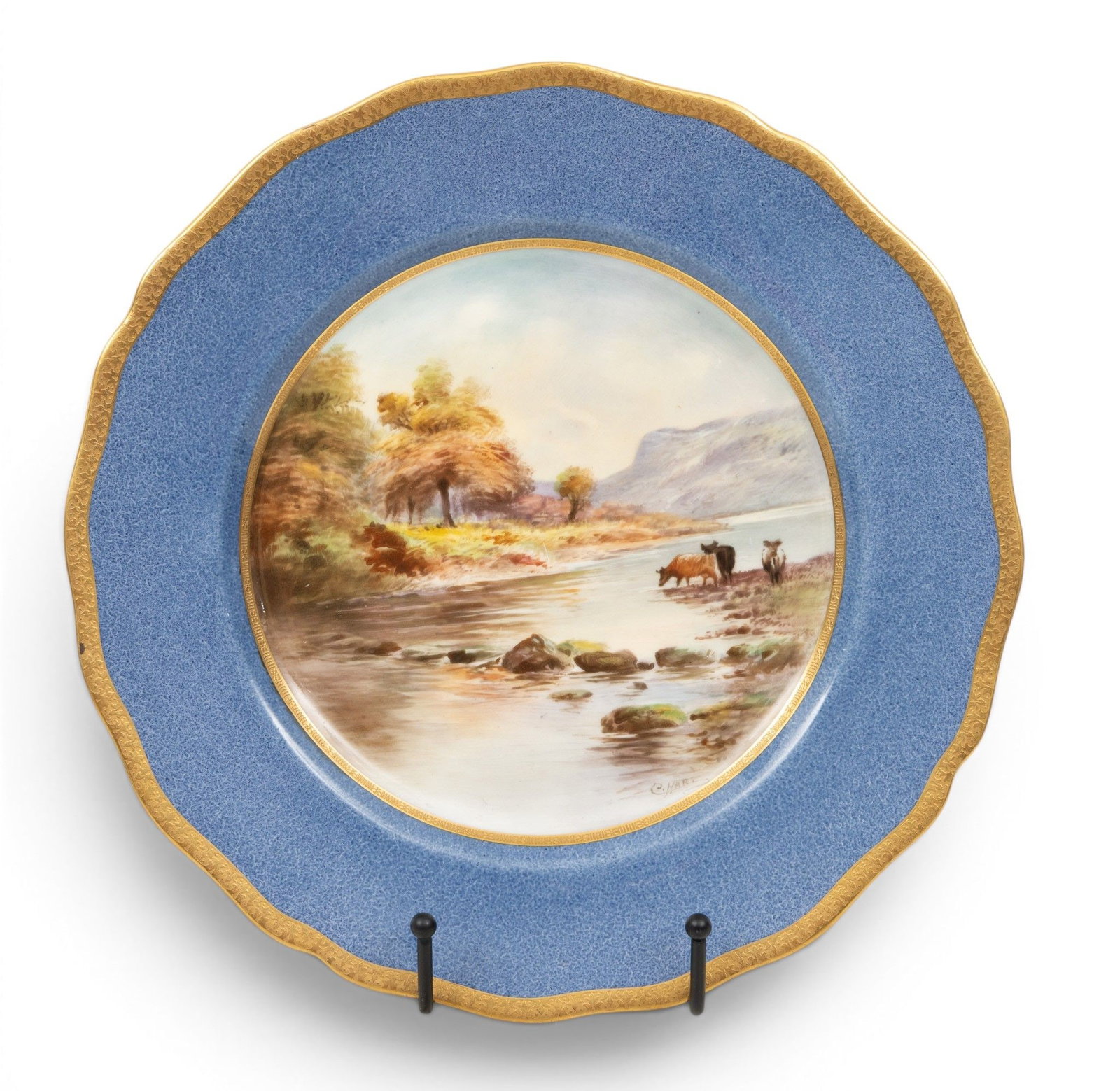 Royal Doulton (English, Est 1815) Porcelain Hand Painted Plate 1901-1922, 'Stepping Stones,: Royal Doulton (English, Est 1815) Porcelain Hand Painted Plate 1901-1922, 'Stepping Stones, Bettws-y-Coed', Dia. 10.5" Having a heavy fired gold fluted rim and interior rim framing a robin's egg blue 