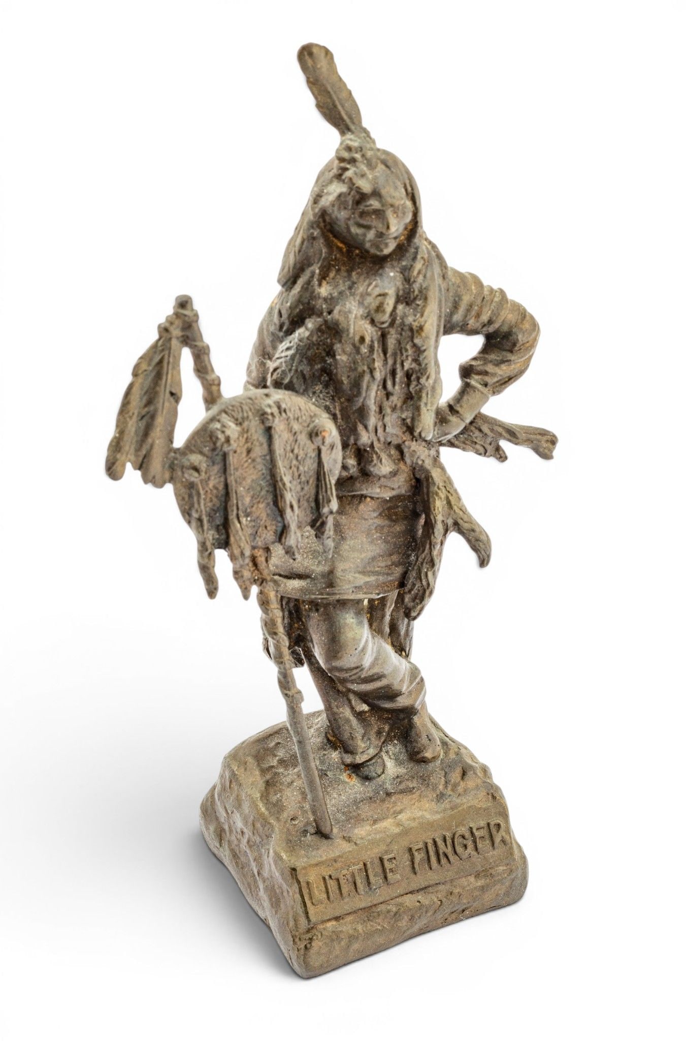 After Karl Kauba Souvenir Bronze Sculpture, Ca. 1900, 'Little Finger', H 6.25" W 3.75" Depth 1.5": After Karl Kauba Souvenir Bronze Sculpture, Ca. 1900, 'Little Finger', H 6.25" W 3.75" Depth 1.5" In 1898 Gertrude Käsebier photographed members of the Sioux Culture who were performing in Buffal
