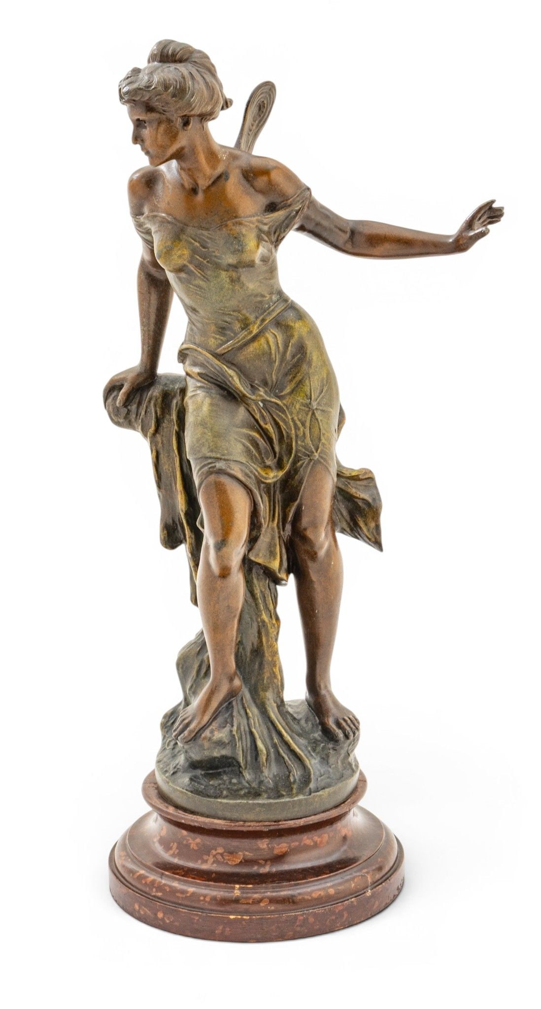 After Jean-Baptiste Germain (French, 1841-1910) Art Nouveau Spelter Sculpture 1892-1915, 'La: After Jean-Baptiste Germain (French, 1841-1910) Art Nouveau Spelter Sculpture 1892-1915, 'La Cascade', H 15.25" Dia. 8.5" Depicting a woman with butterfly wings resting her hand atop a rock. Renaissan