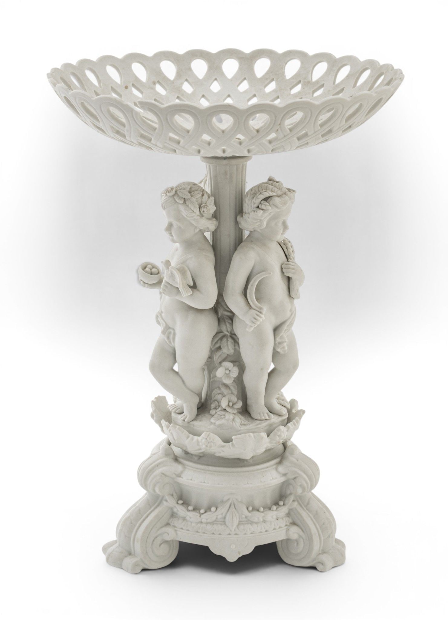 Andrea by Sadek Parian Bisque Compote, Ca. 1950-1970, 'Spring, Summer, and Fall', H 16.5" Dia. 12" (1 of 4)