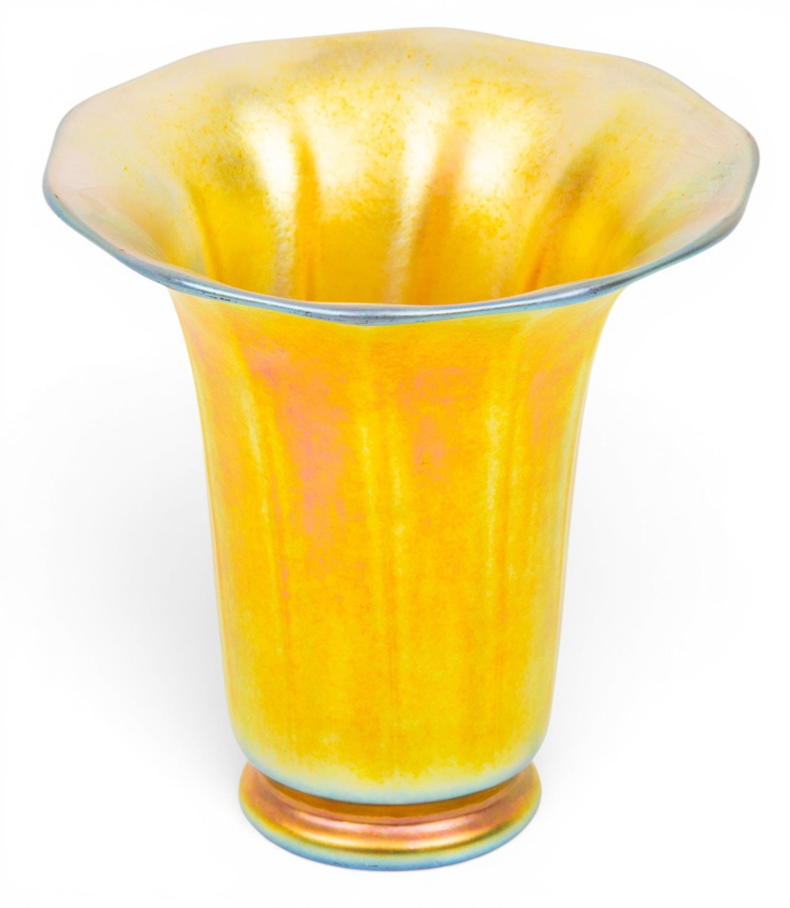American Steuben Style Iridescent Gold Hand Blown Glass Trumpet Vase 1950, H 5.5" W 5.25": American Steuben Style Iridescent Gold Hand Blown Glass Trumpet Vase 1950, H 5.5" W 5.25" Flared trumpet form vase on round pedestal foot. Unsigned. Dimensions: H 5.5" W 5.25"