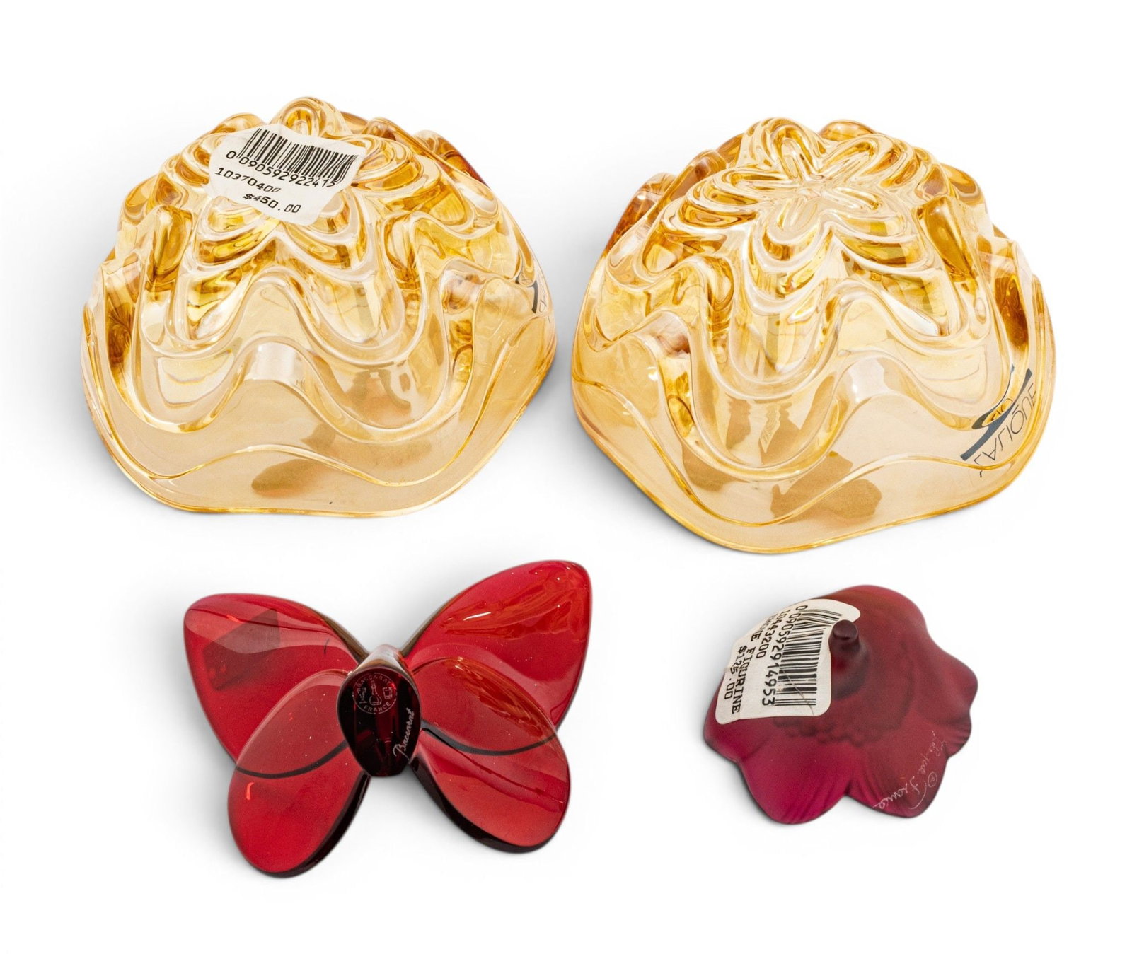 Lalique (France) Amber Glass Bowls (2), Red Flower &Baccarat Butterfly Dia. 4" 4 PCS: Lalique (France) Amber Glass Bowls (2), Red Flower &Baccarat Butterfly Dia. 4" 4 PCS All signed. Boxes. Two amber Lalique glass bowls Dia 4" H 2.5". One Lalique red flower, 2.2". Baccarat Crysta