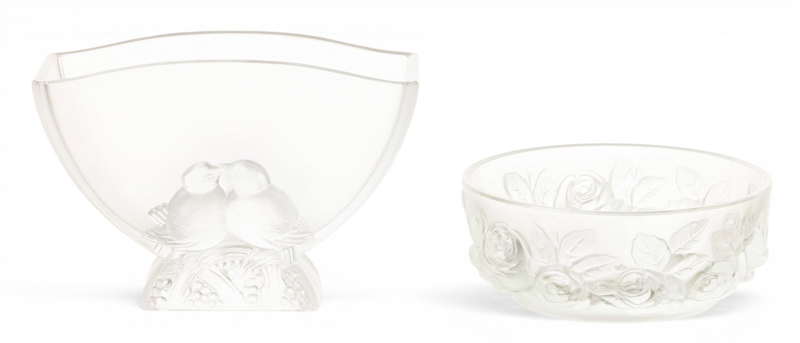 Verlays Frosted Glass Dish and Deco Style Vase 1950, 2 PCS: Verlays Frosted Glass Dish and Deco Style Vase 1950, 2 PCS Bowl having a bas relief design of rose blossoms and leaves. Signed. Vase having a crescent form bowl with relief lovebirds on a pedestal bas