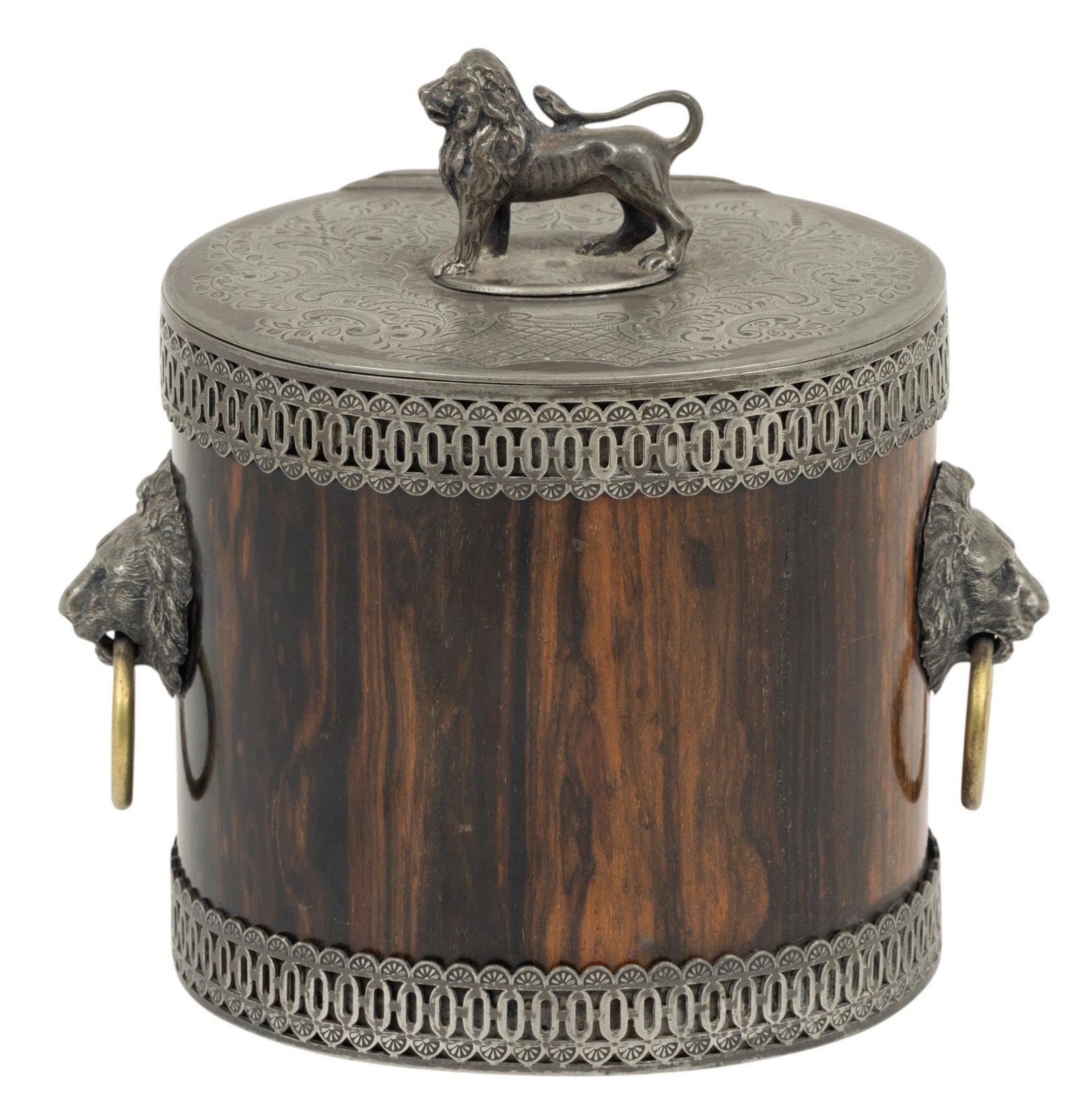 Rosewood and Silverplate Ice Bucket, Ca. 19th C., H 7" W 6.5" Depth 4": Rosewood and Silverplate Ice Bucket, Ca. 19th C., H 7" W 6.5" Depth 4" Having a hinged top with standing lion finial which opens to reveal silverplate interior. Lion face ring handles on either side.&