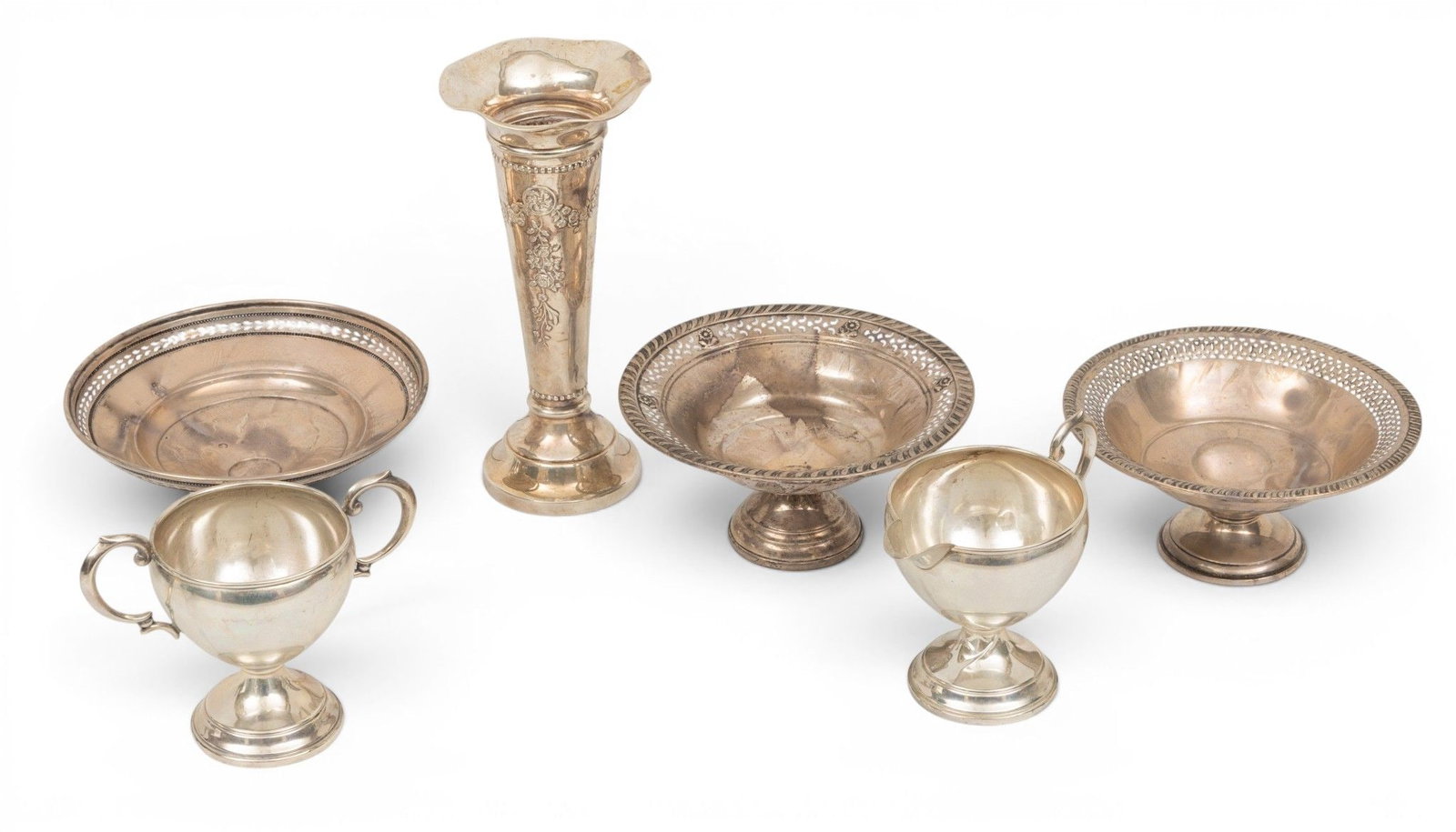 Sterling Silver Weighted Compotes, Creamer, Sugar and Trumpet Vase 6 PCS (1 of 8)